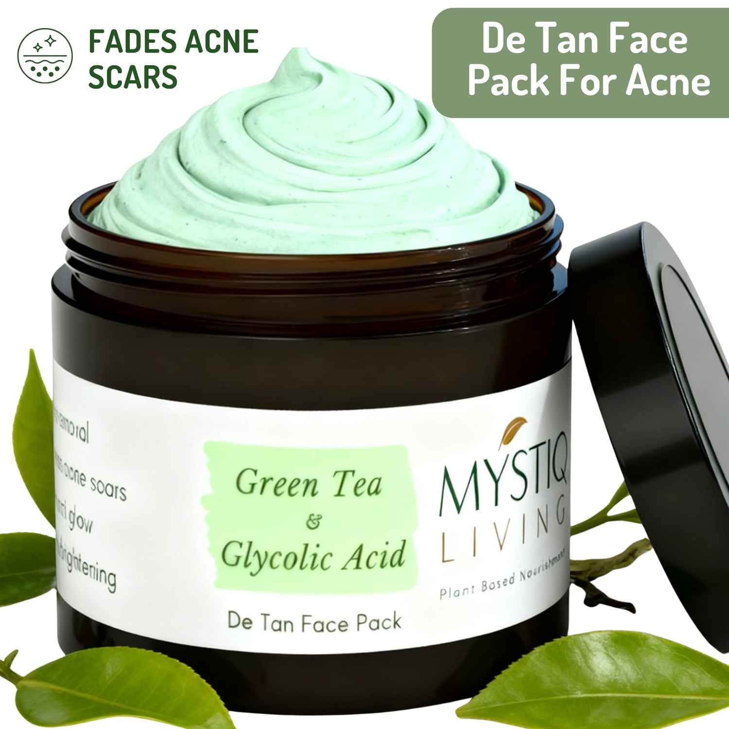 Buy Mystiq Living Acne Face Mask Green Tea Clarity (100 GM) Tan Removal, Face Mask, Anti Acne, De Tan, Acne Marks, Pimples, Oily & Acne Prone Skin and Glowing Skin | D Tan Pack Ayurvedic Formulation | Neem, Tulsi & Green Tea, For Women & Men 100 gm - Purplle