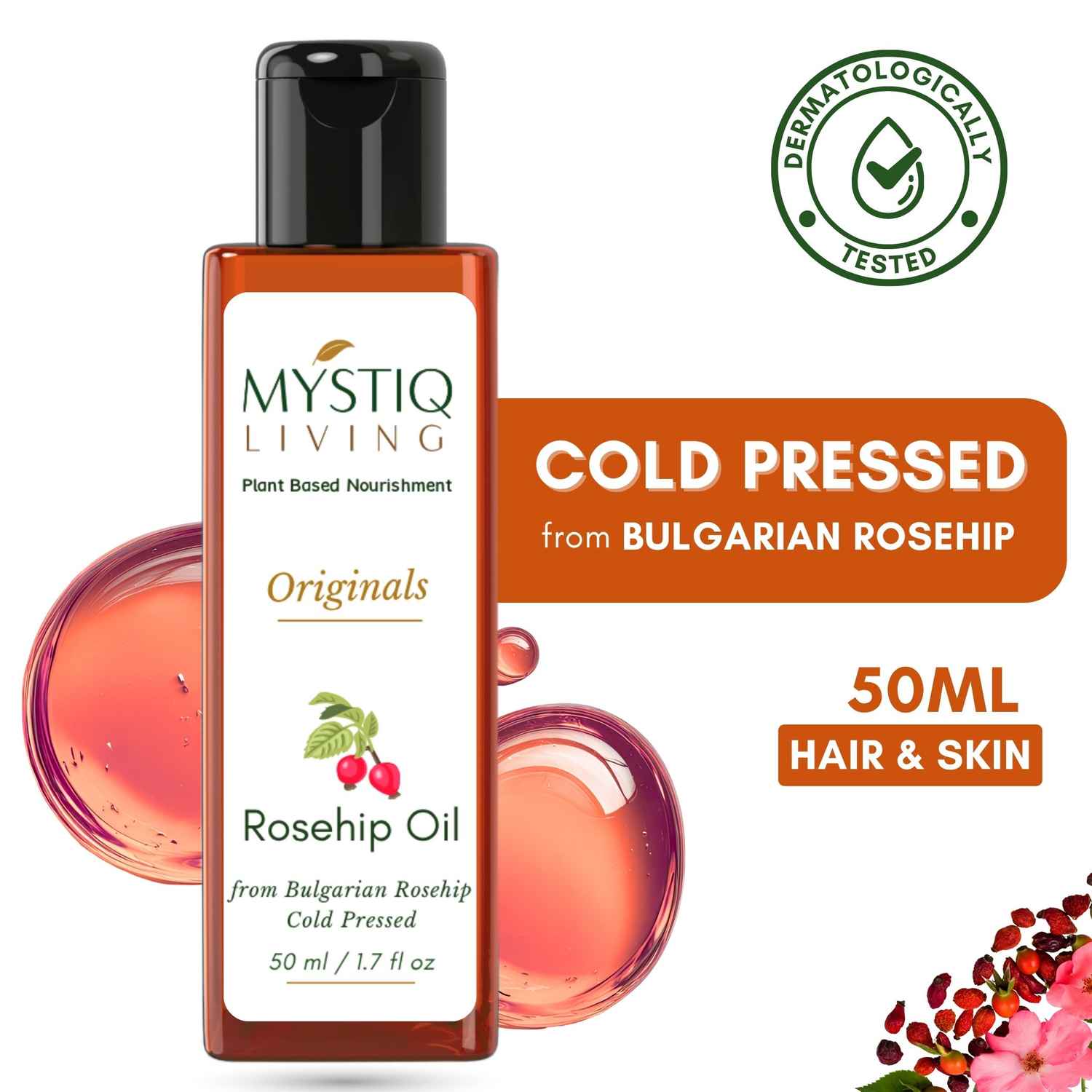Buy Mystiq Living Rosehip Oil (50 ml) Rose Hip Face Oil Natural Serum, Facial Oil, Face Massage Oil,100% Pure, Cold Pressed Oil for Face, Skin and Hair - Purplle