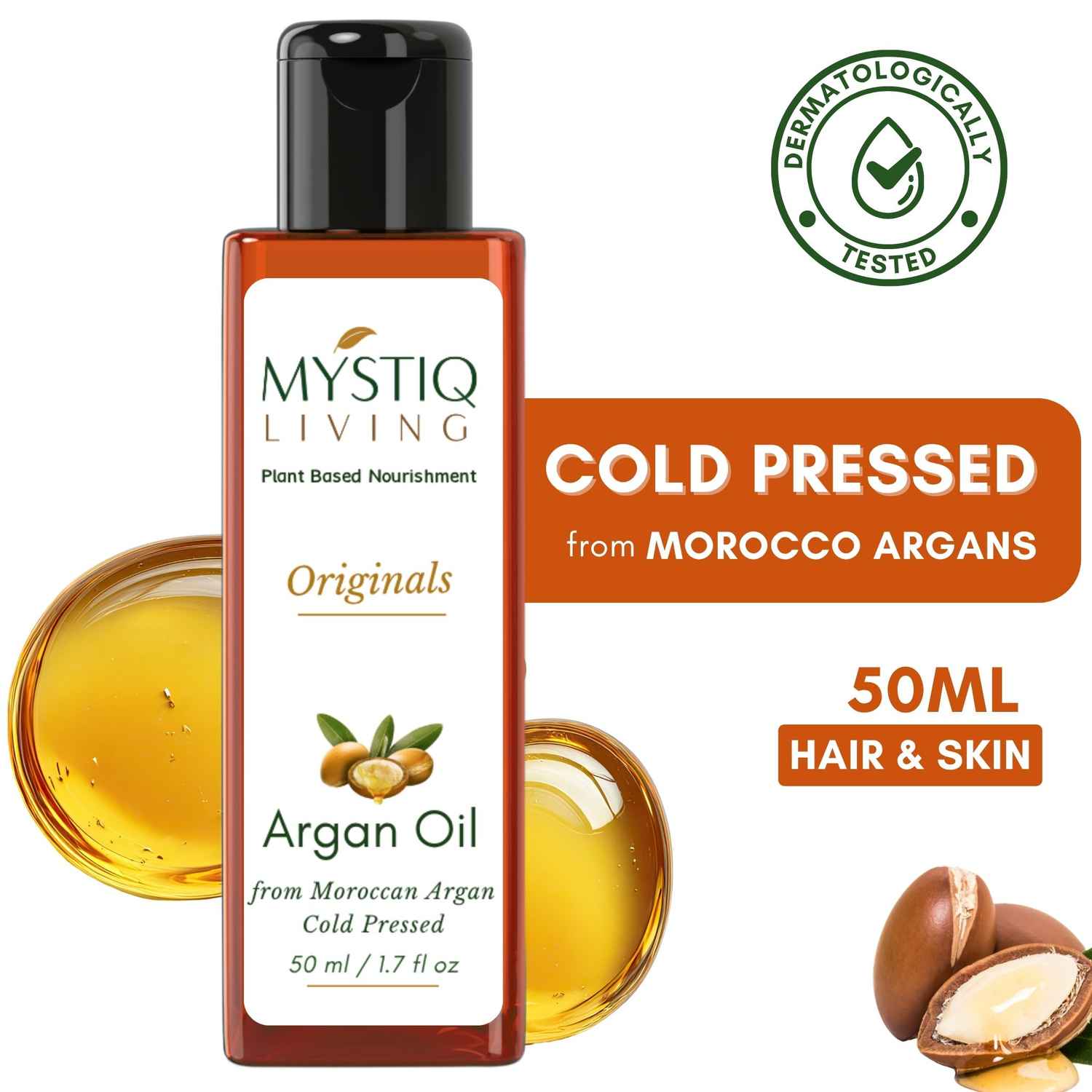 Buy Mystiq Living Argan Oil, Cold Pressed Organic, Pure Moroccan Argan Oil For Hair, Skin, Face Beard - 50 ml - Purplle