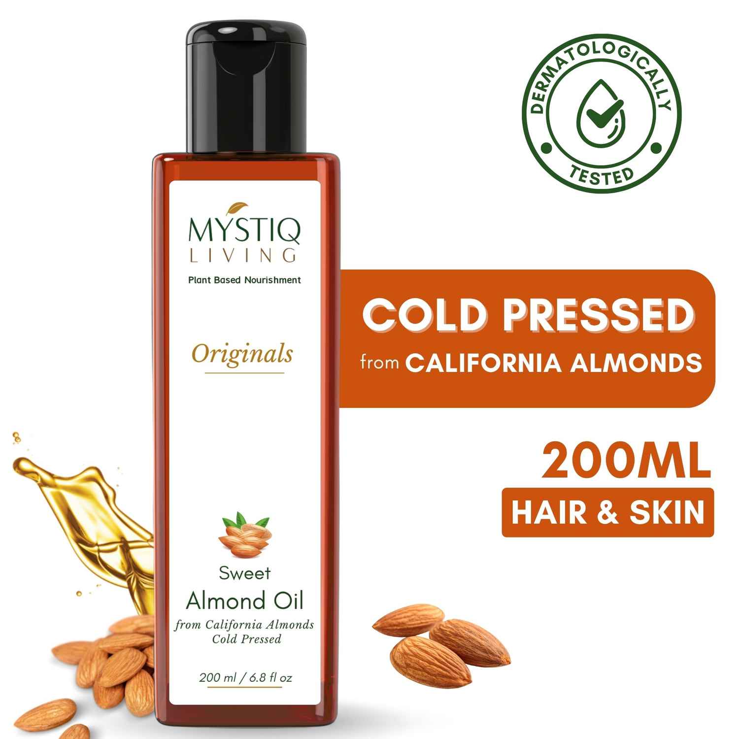 Buy Mystiq living - Almond Oil | Sweet Almond Oil | Almond Face Oil | Badam Oil | For Face, Hair, Skin & Baby Massage | Cold Pressed, Pure and Natural (Odourless) - 200 ml - Purplle
