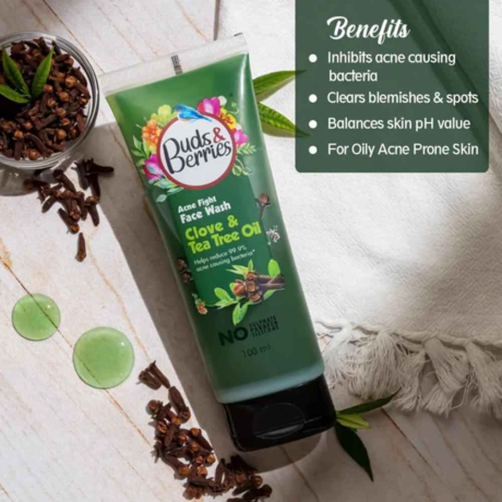 Buy Buds & Berries Acne Fight Clove and Tea Tree Oil Face Wash | Clears Blemishes and Spots | pH Balanced Gentle Facewash | No Sulphate, No Paraben (100 ml) - Purplle