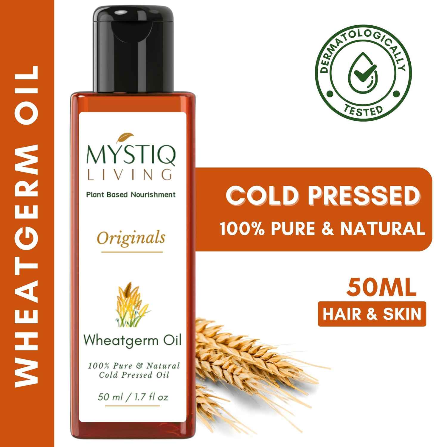 Buy Mystiq Living Wheat Germ Oil (50 ml) Cold Pressed Wheatgerm Oil | 100% Pure and Natural For Hair, Skin & Body Massage - Purplle