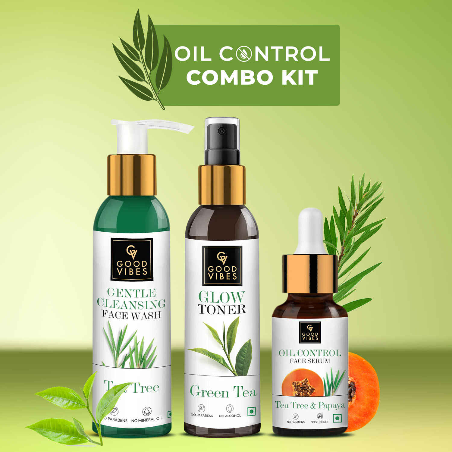Buy Good Vibes Oil Control Combo Kit (Tea Tree & Papaya Serum 10ml + Tea tree Face Wash 120 ml + Green Tea Toner 120 ml) - Purplle