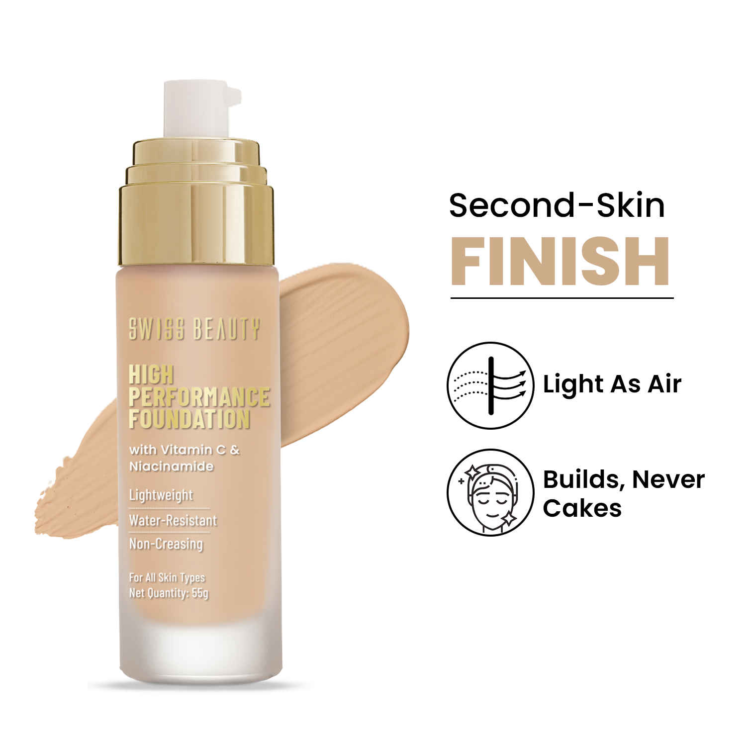 Buy Swiss Beauty High Performance Foundation | Water-Resistant | Medium to Buildable Coverage | Lightweight | Easy to Blend | With Vitamin C & Niacinamide|4 Natural-Nude 55 gm - Purplle