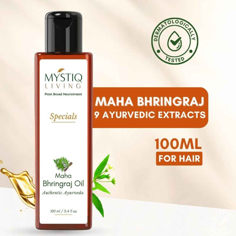 Buy Mystiq Living - Maha Bhringraj Hair Oil With Sesame & Amla for damaged Frizzy Hair | MahaBhringraj Oil For Premature Greying, Dandruff | Volume| Split Ends | Baldness & Hair Loss | 100% Pure & Natural With (Ayurvedic Herbs Extracts - 100 ml - Purplle