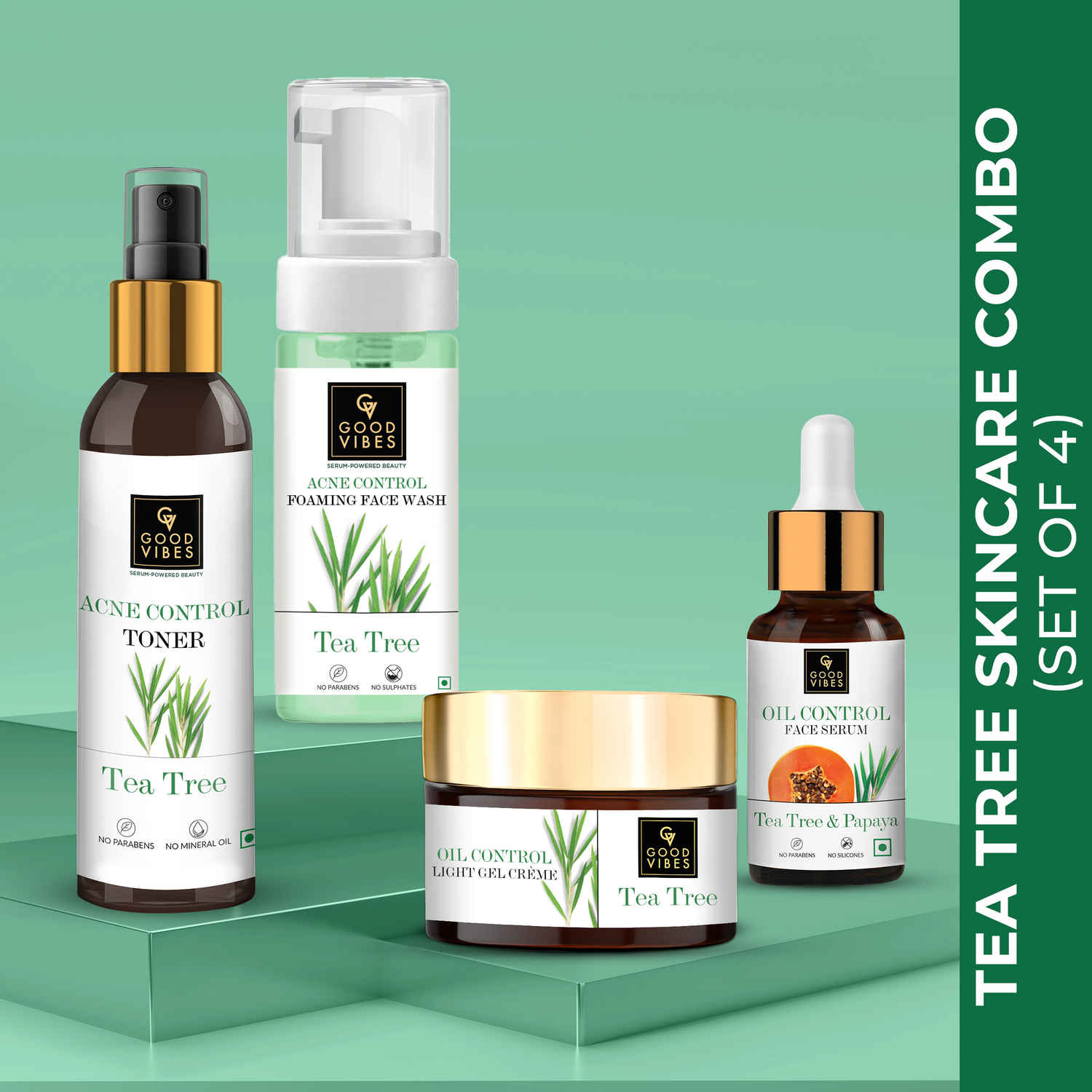 Buy Good Vibes Acne Control Tea Tree Combo (Foaming Facewash, Toner, Serum, Gel creme) - Purplle