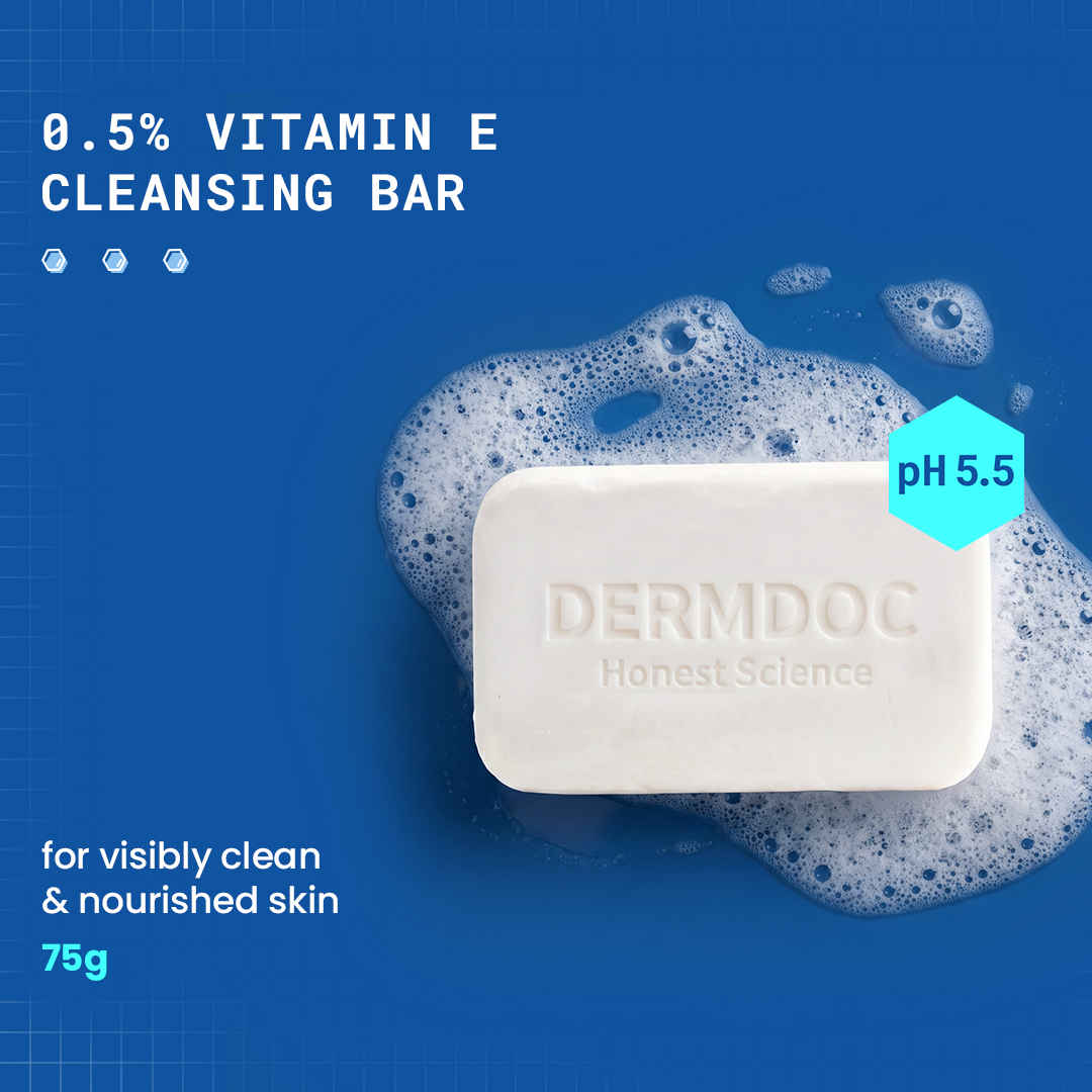 Buy DermDoc by Purplle 0.5% Vitamin E Cleansing Bar (75 gm) | Soap Free, Alkali Free | Mild, Gentle Cleansing Soap, Moisturising Soap, pH 5.5 Soap | vitamin e for dry skin | facial cleansing bar - Purplle