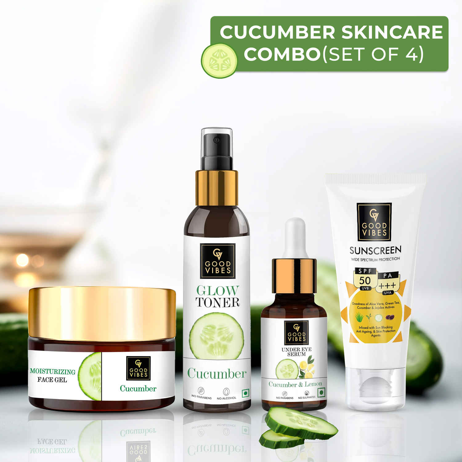 Buy Good Vibes Cooling & Hydrating Cucumber Combo (Toner, Eye Serum, Face Gel, Sunscreen) - Purplle