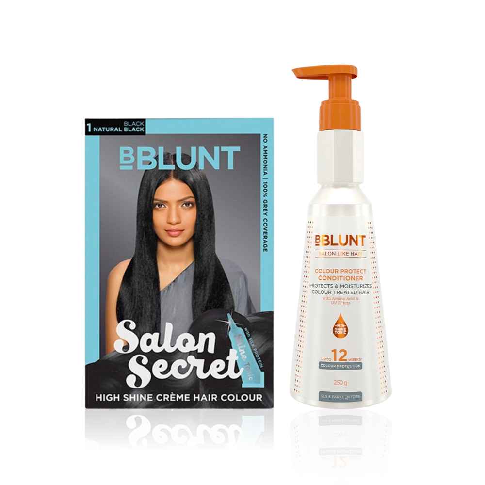 Buy BBLUNT Salon Secret High Shine Creme Hair Colour Natural Black 1 (100 g) With Shine Tonic (8 ml)+BBLUNT Colour Protect Conditioner- 250 g - Purplle