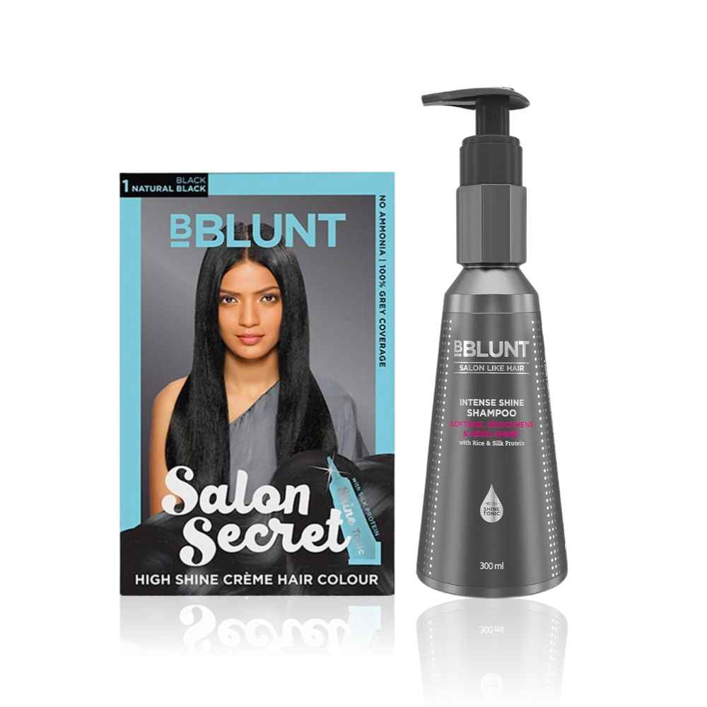 Buy BBLUNT Salon Secret High Shine Creme Hair Colour Natural Black 1 (100 g) With Shine Tonic (8 ml)+BBLUNT Intense Shine Shampoo with Rice & Silk Protein for 23X* Shinier Hair - 300 ml - Purplle