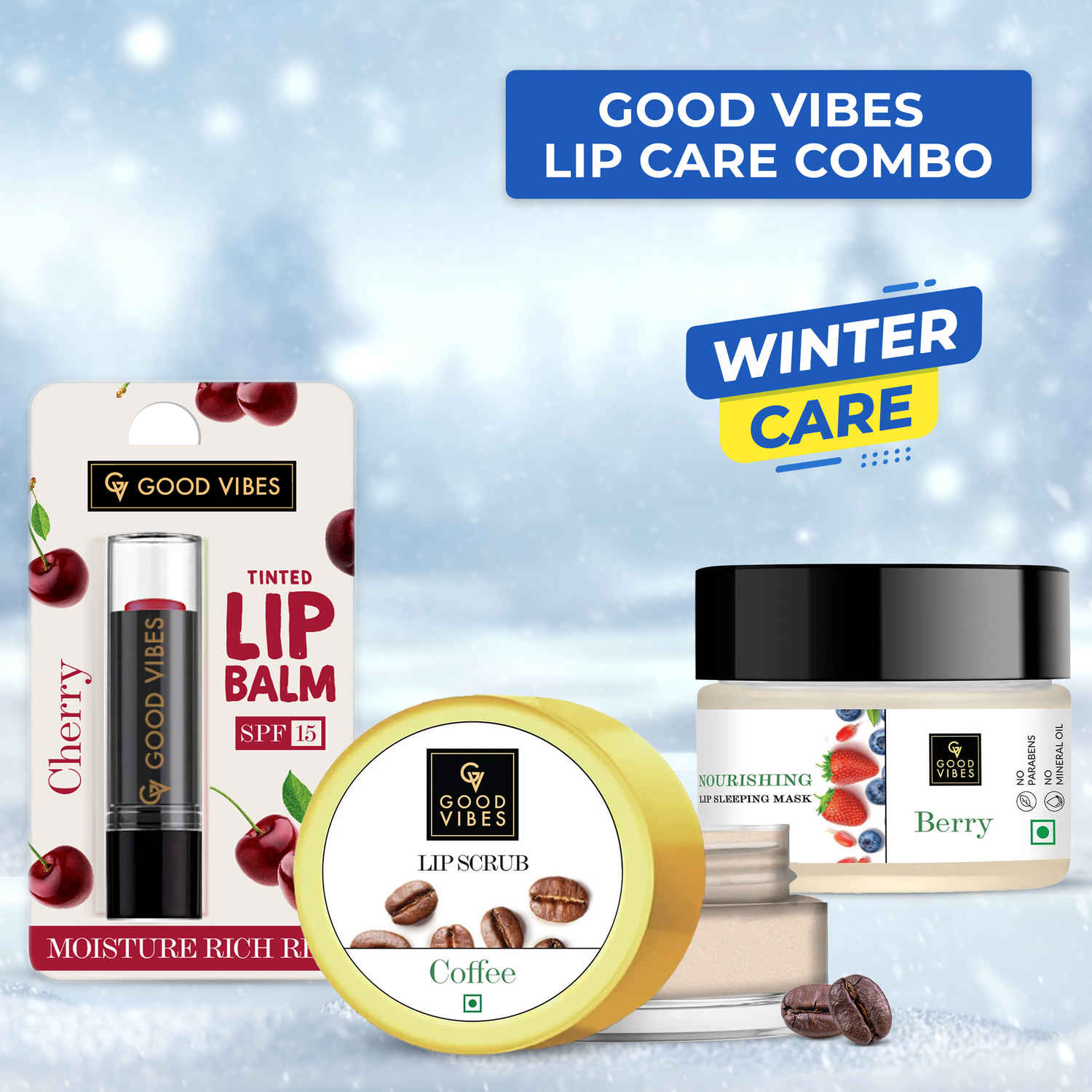 Buy Good Vibes Lip Care Combo (Lip balm + Lip Scrub + Sleeping mask) Peach Softening Orange Tinted Lip Balm SPF 15, Coffee Lip Scrub, Berry Nourishing Lip Sleeping Mask. - Purplle