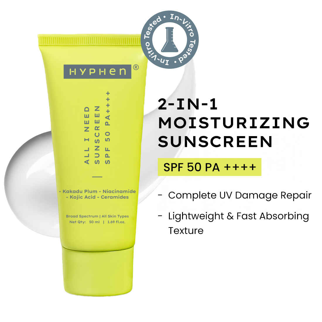 Buy Hyphen All I Need Sunscreen SPF50 PA++++ | Moisturizes, Repairs UV Damage with Ceramides & Niacinamide| Lightweight, Non-Greasy, In-vivo tested - 50 ml - Purplle