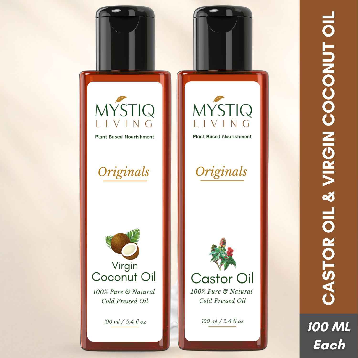 Buy Mystiq Living Extra Virgin Coconut Oil & Castor Oil Combo 200ML (Pack of 2) - 100 ML Each for Hair & Skin | Castor Oil for Hair Growth | Cold Pressed| Organic | 100% Pure Castor Oil for Skin, Moisturizing Dry skin, Nail, Eyelash - Purplle