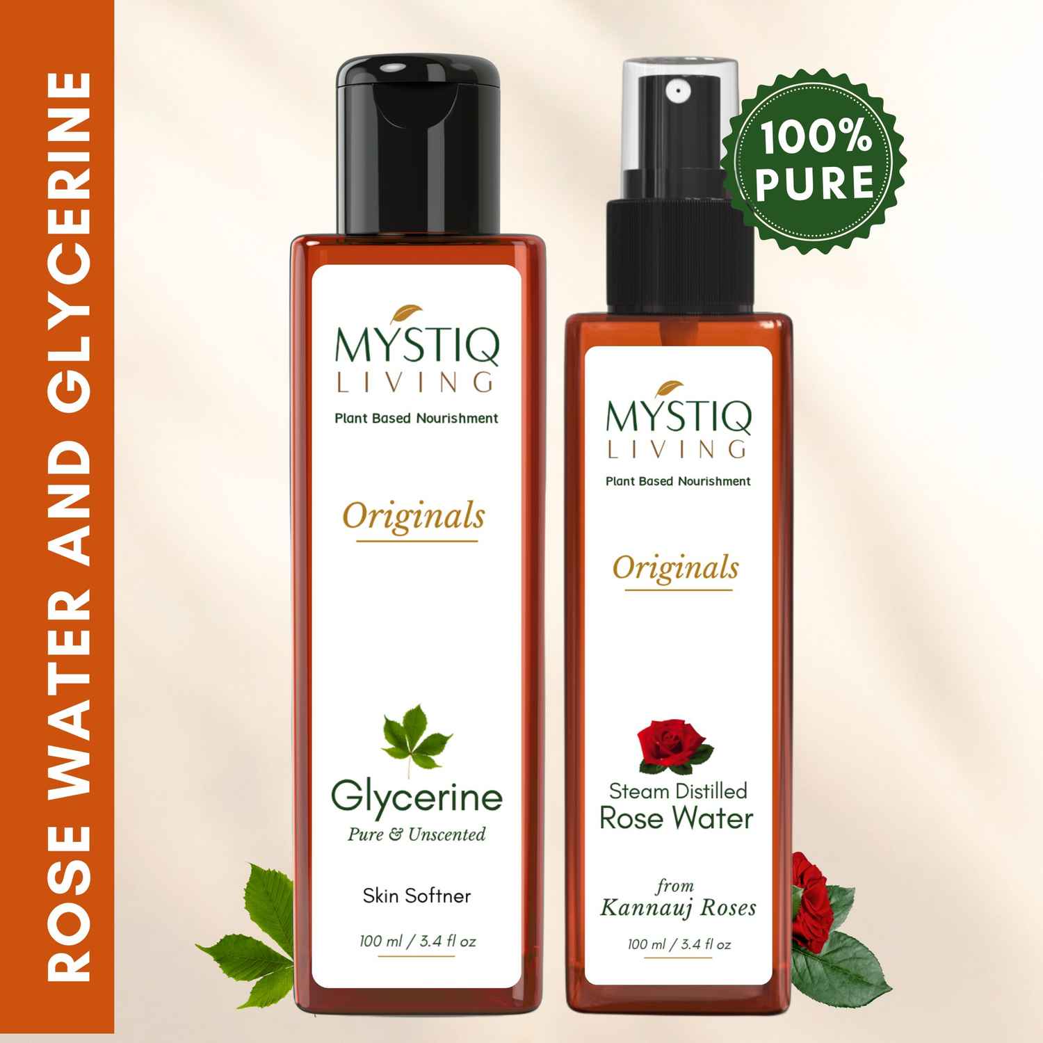 Buy Mystiq Living Glycerine and Rose Water Spray Combo (Pack of 2) - 100 ML Each, For Skin and Body Care, Gulab Jal, Rose Water Toner Spray, Gulabari, Skin Toner, Glycerine For Face, Pure Glycerine, Vegetable Glycerine, Liquid Glycerine - Purplle