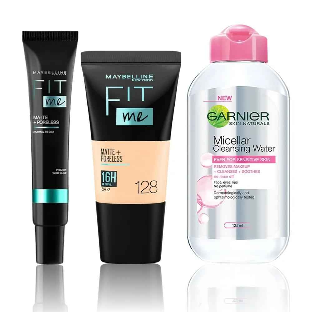 Buy Maybelline New York x Garnier Makeup essentials kit 1 (Maybelline New York Fit me Primer (30ml) + Maybelline New York Fit Me Liquid Foundation Tube, 128 Warm Nude, 18ml + Garnier Skin Naturals Micellar Cleansing Water All in 1 (125 ml)) - Purplle