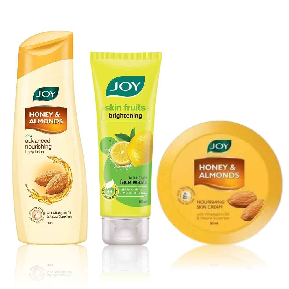 Buy Joy Honey & Almonds Advanced Nourishing Body Lotion 300ml + Honey & Almonds Nourishing Skin Cream 500ml+ Skin Fruits Active Brighteing Lemon Face Wash 100ml  (3 Items in the set) - Purplle