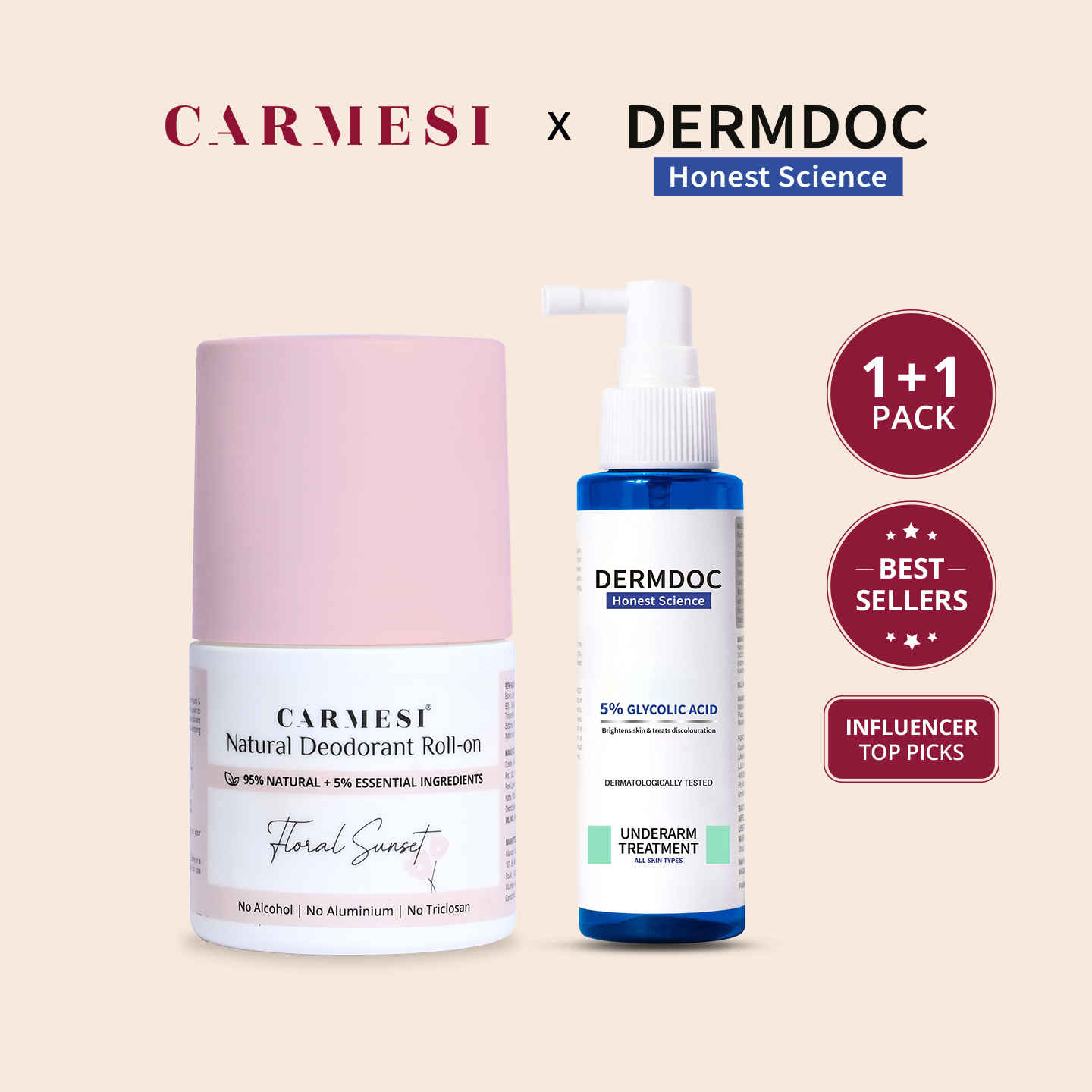 Buy Carmesi x DERMDOC Combo Kit for Total Underarm Care ( Carmesi Natural Deodorant Roll-on - Floral Sunset + DERMDOC by Purplle 5% Glycolic Acid Under Arm Treatment (100ml) ) - Purplle