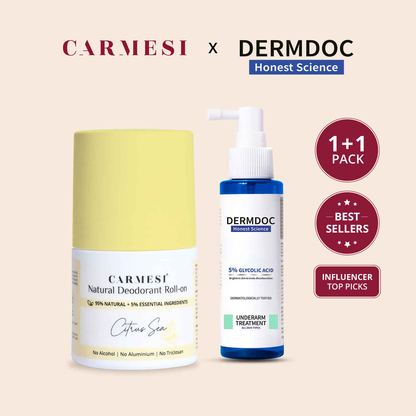 Buy Carmesi x DERMDOC Combo Kit for Total Underarm Care (Carmesi Natural Deodorant Roll-on - Citrus Sea + DERMDOC by Purplle 5% Glycolic Acid Under Arm Treatment (100ml)) - Purplle