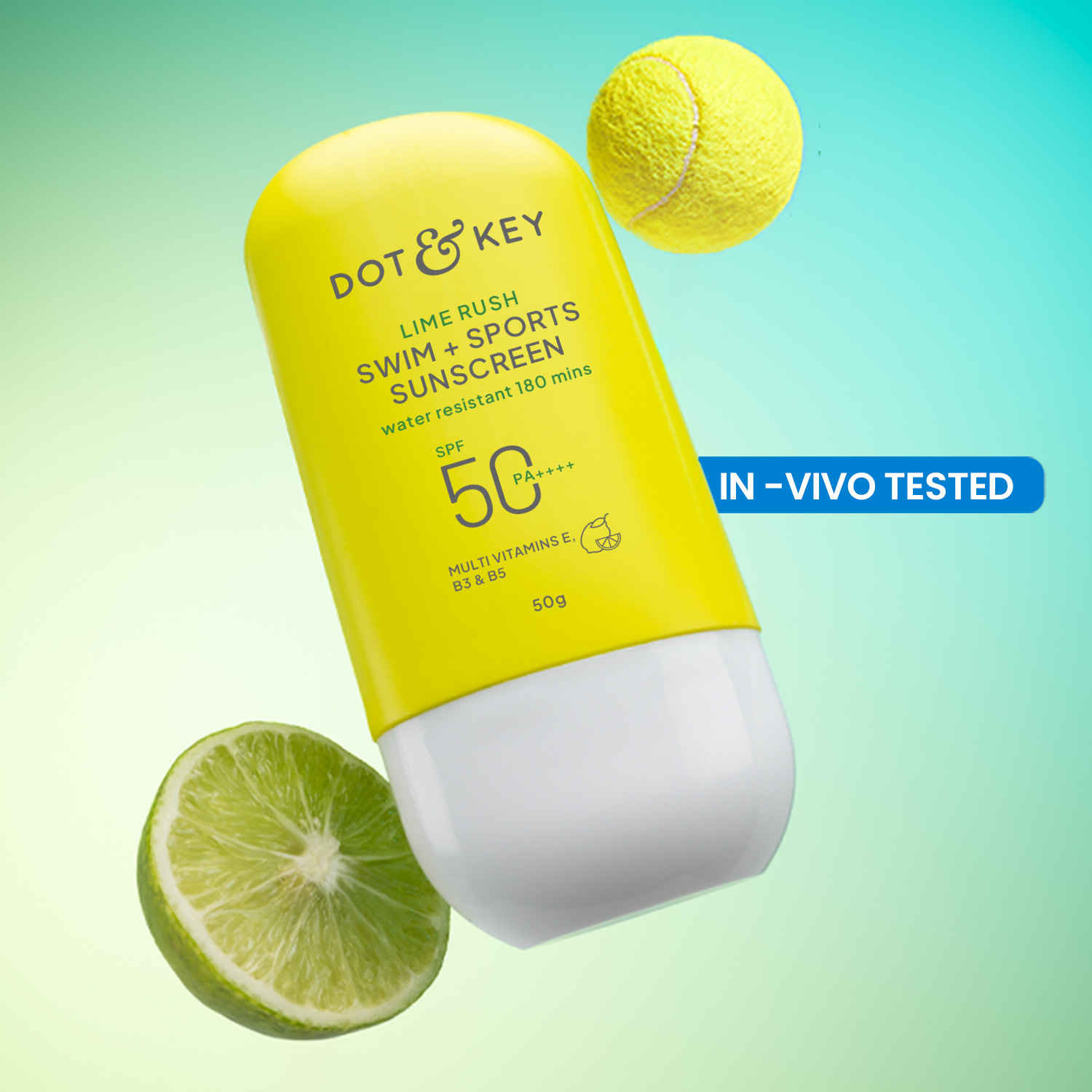 Buy Dot & Key Lime Rush Swim + Sports Sunscreen SPF 50+, PA++++ with 180 mins water resistant | In ViVo Tested Sports Sunscreen with Multivitamins E, B3 & B5 | Suitable for All Skin Types, prevents tanning & sweat resistant | 50 gm - Purplle