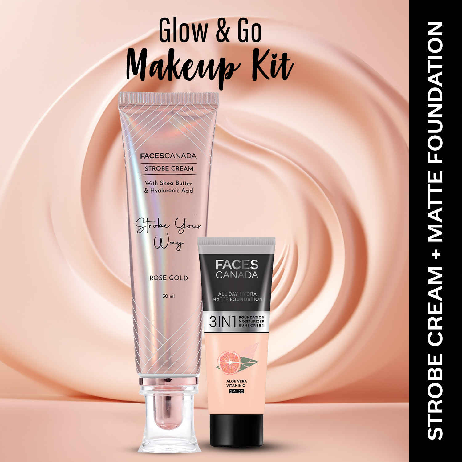 Buy FACES CANADA Rose Glow Kit 1 | Rose Gold Strobe Cream (30g) + Hydra Matte Foundation (Mini) - Rose Ivory (15g) | Combo Kit of 2 - Purplle