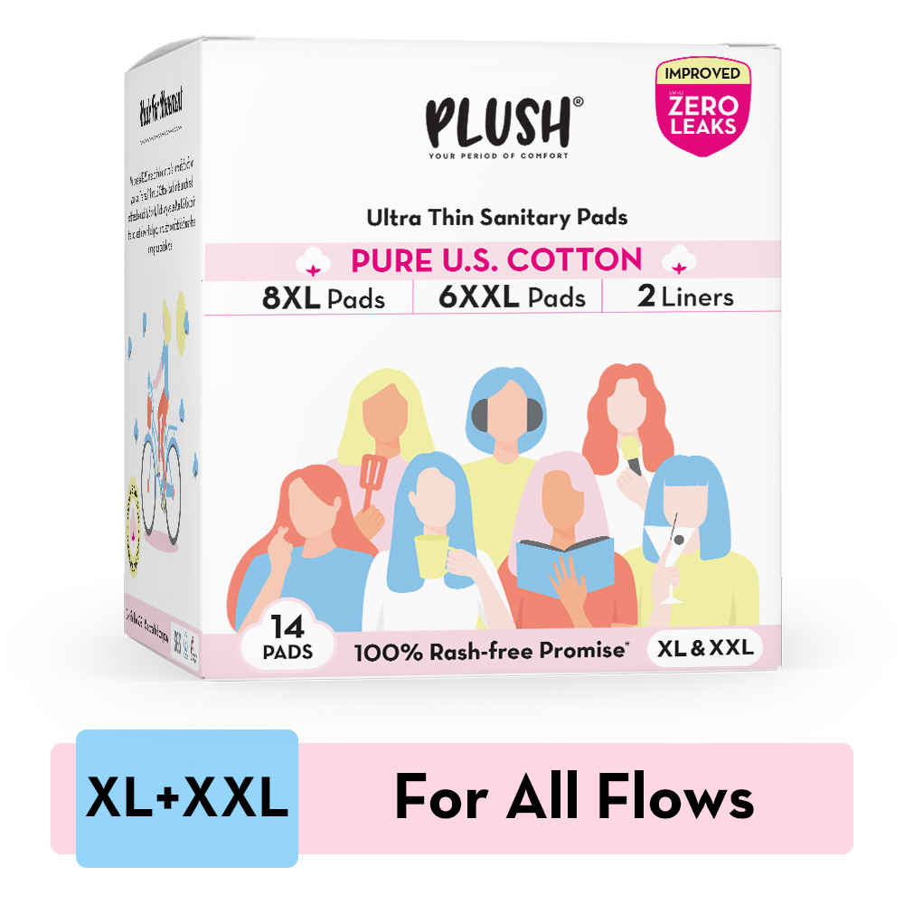 Buy Plush Ultra-Thin Sanitary Pads For Women, 14 Cotton Sanitary Napkins | 6 Heavy Flow XXL pads + 8 Medium Flow XL pads + 2 Panty Liners For Rash Free Periods | Pure U.S. Cotton Pads With Disposable Pouch - Purplle