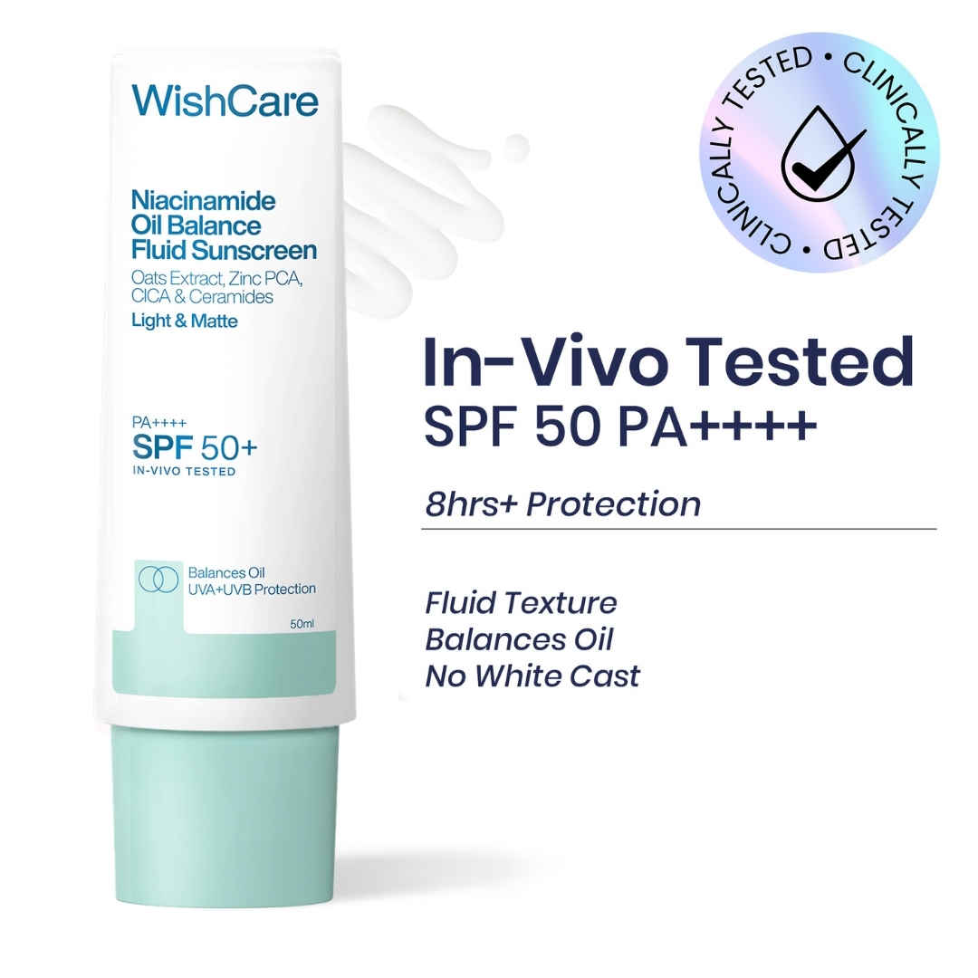 Buy WishCare Niacinamide Oil Balance Fluid Sunscreen SPF 50 PA++++|In-Vivo Tested|8hrs+ UVA/UVB Protection|Dermat Approved Light & Matte Sunscreen for Oily and Combination Skin|No White Cast|For Men & Women|50 gm - Purplle