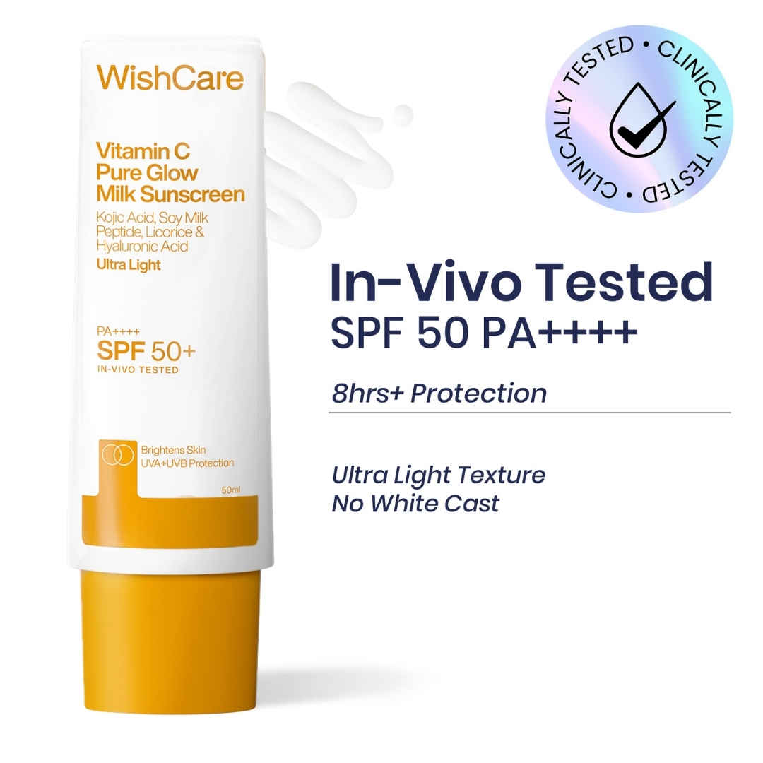 Buy WishCare Vitamin C Pure Glow Face Sunscreen SPF 50 PA++++|In-Vivo Tested|UVA/UVB Protection|Brightening & Hydrating|Dermat Approved Ultra Light Sunscreen for All Skin Types|No White Cast|For Men & Women|50 ml - Purplle
