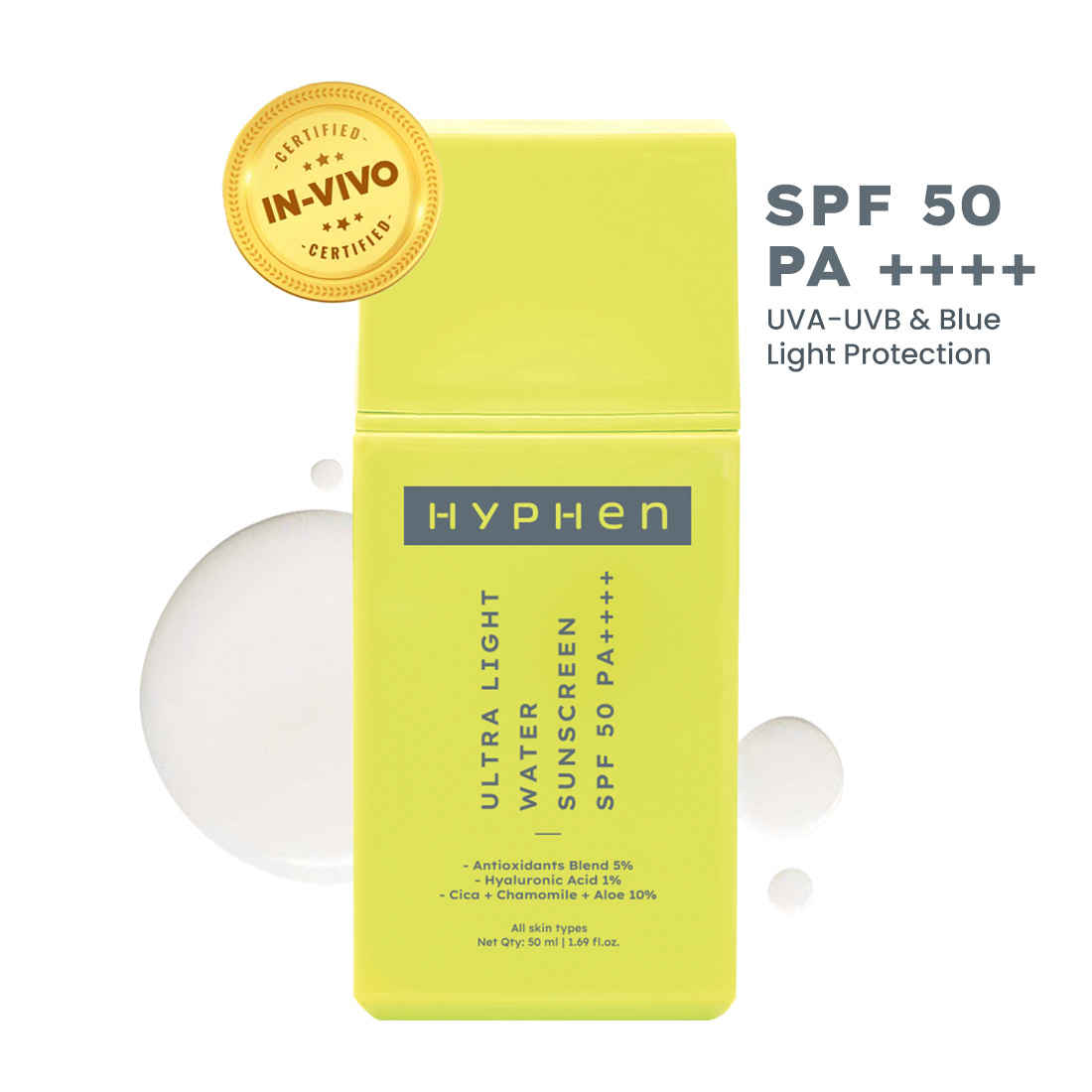 Buy Hyphen 1% Hyaluronic Acid Ultra Light Water Sunscreen SPF50 PA ++++ | In-Vivo Tested | Broad Spectrum & Blue Light Protection - 50 ml - Purplle