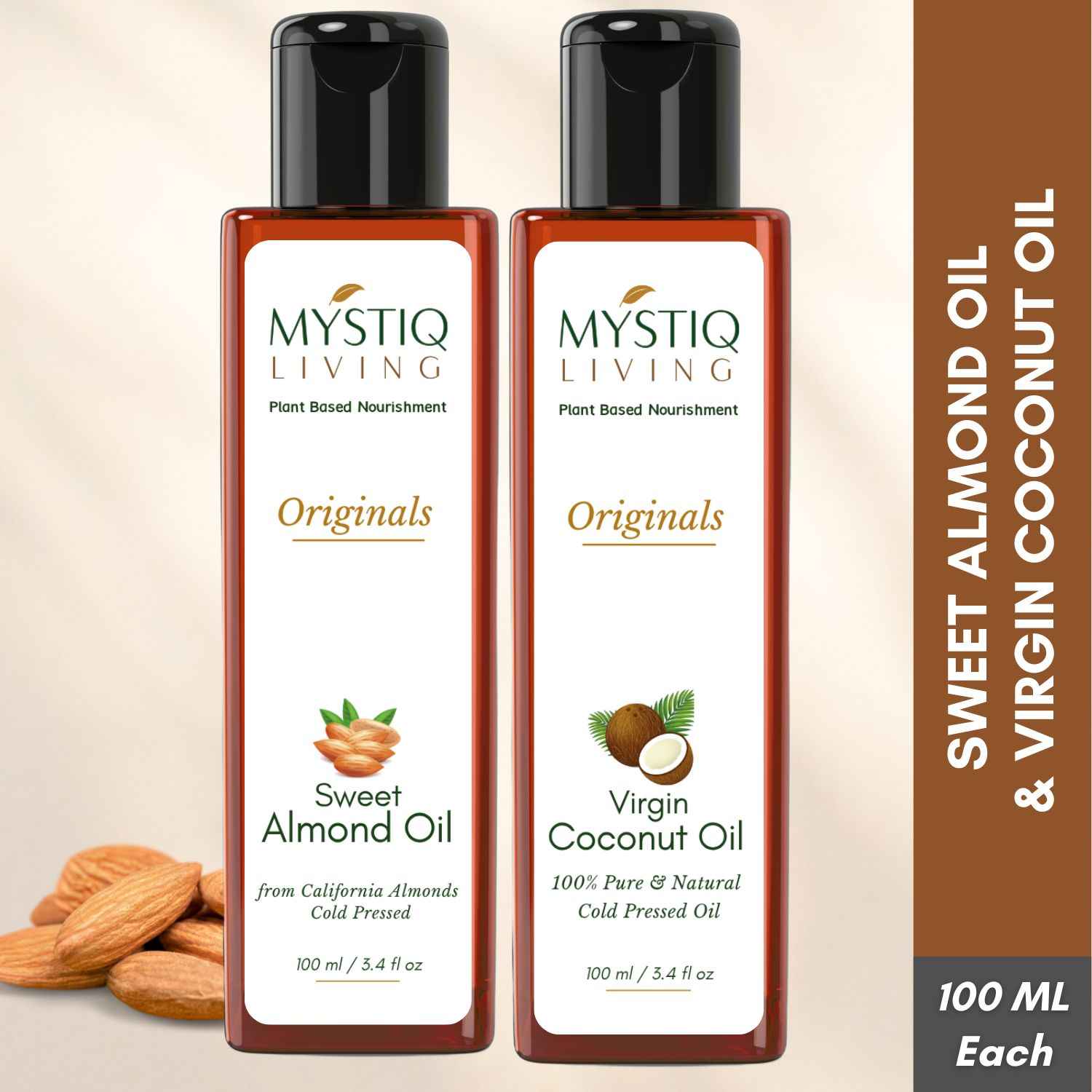 Buy Mystiq Living Sweet Almond Oil & Extra Virgin Coconut Oil Combo 200ML (Pack of 2) -100 ML Each for Hair, Skin, & Baby Massage, Badam Rogan Shirin for Glowing Skin, Almond oil for Face, Facial oil, Cold Pressed, 100% Pure & Natural - Purplle