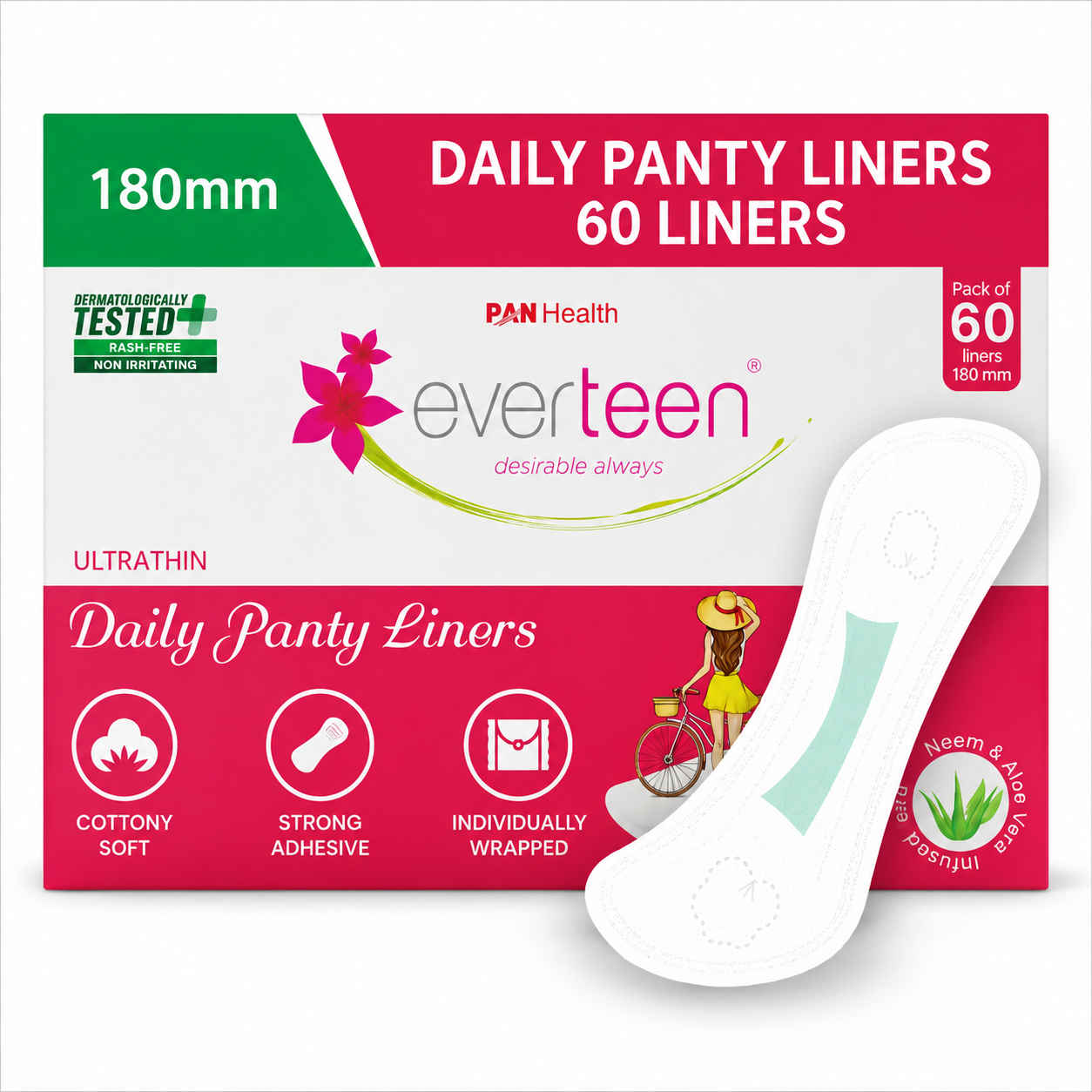 Buy Everteen Desirable Always Daily Panty Liners Infused With Neem & Aloe Vera For Women Daily Use (Pack of 60 lines 180mm) With Antibacterial Strip | Long Panty Liners | For White Discharge & Light Spotting | Odour Control & Breathable - Purplle