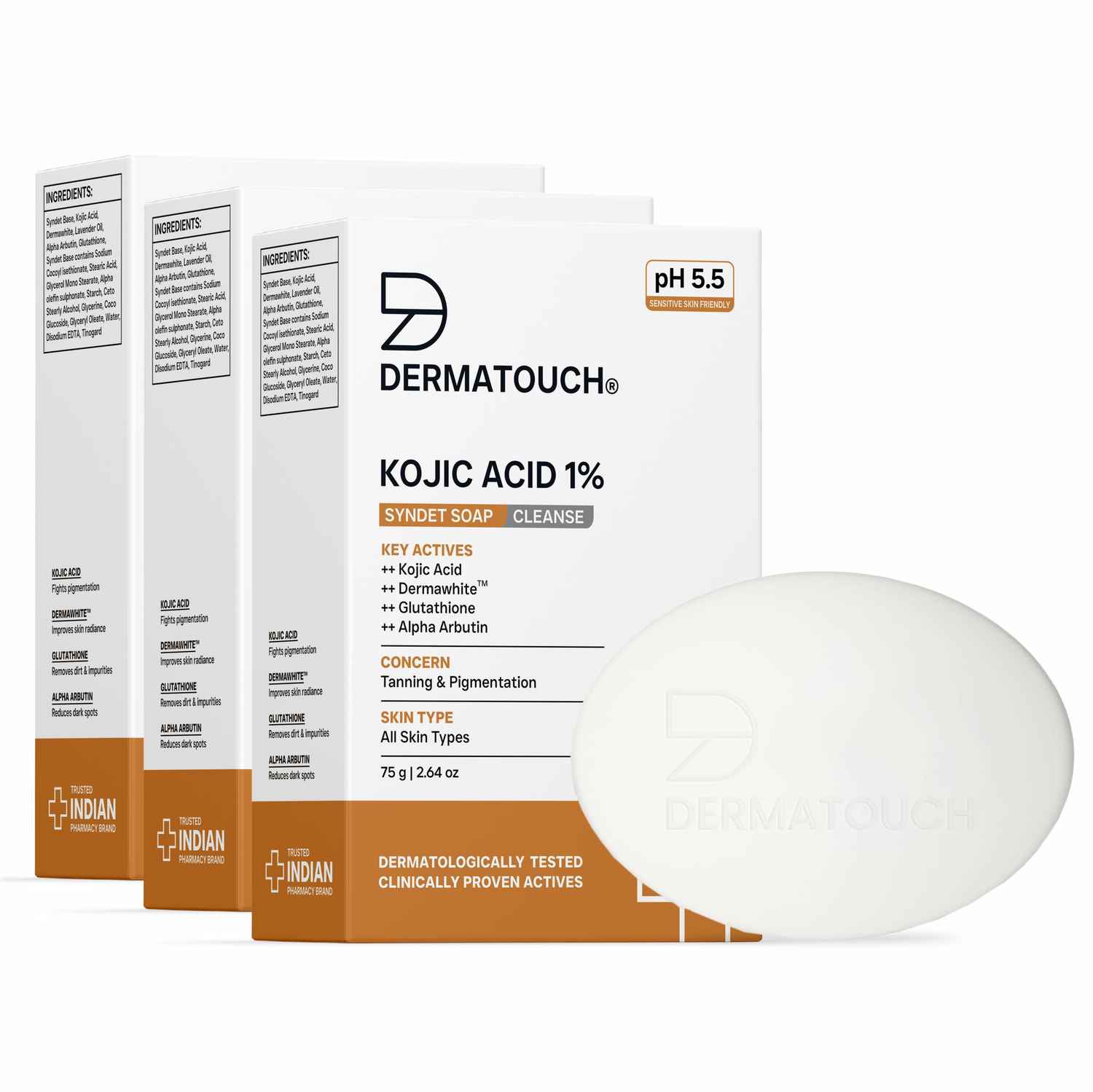 Buy DERMATOUCH Kojic Acid 1% Soap with Glutathione | For Pigmentation & Sun damage | Soap for Men & Women | Suitable for All Skin Types | 75g * 3 = 225g - Purplle