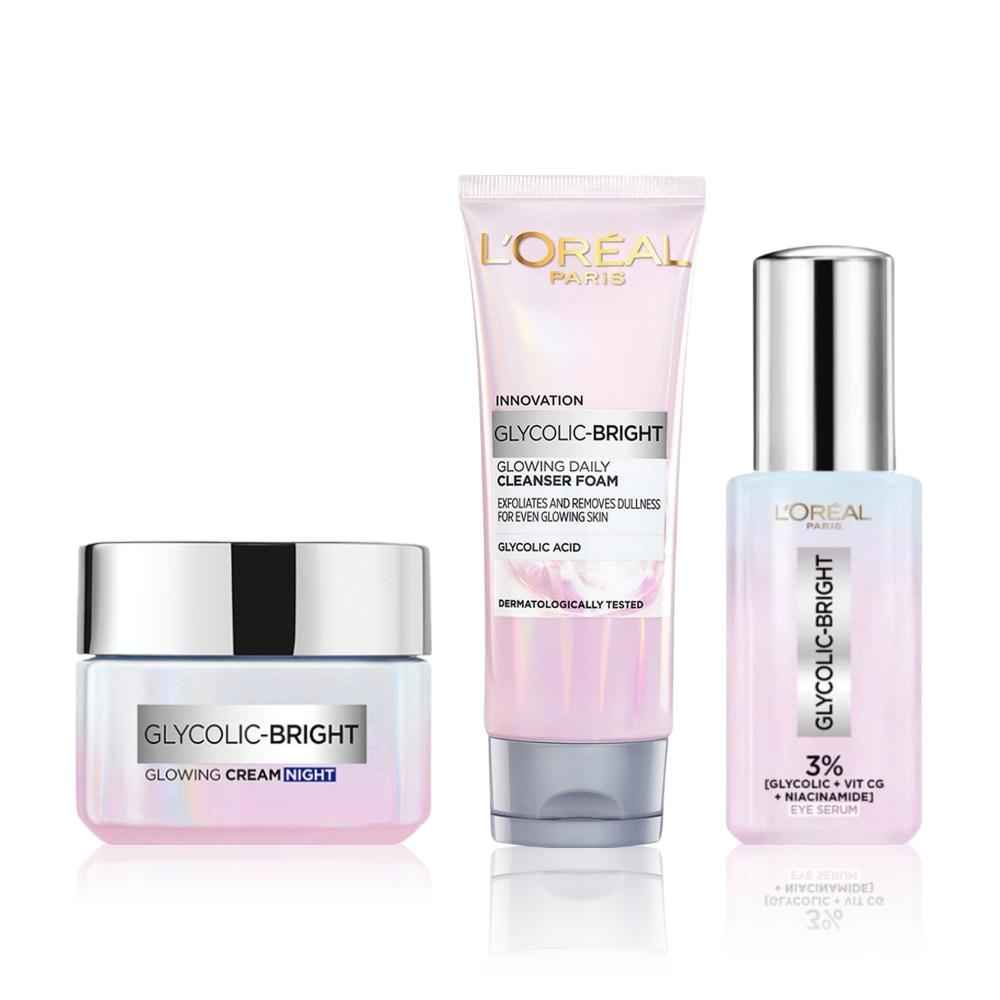 Buy L'oreal Paris Night Skincare Routine Kit 1 (Glycolic Acid Cleanser Foam (100 ml) + Glycolic Acid Night Cream (15 ml) + Glycolic Acid Dark Circle Eye Serum (20 ml)) - Purplle