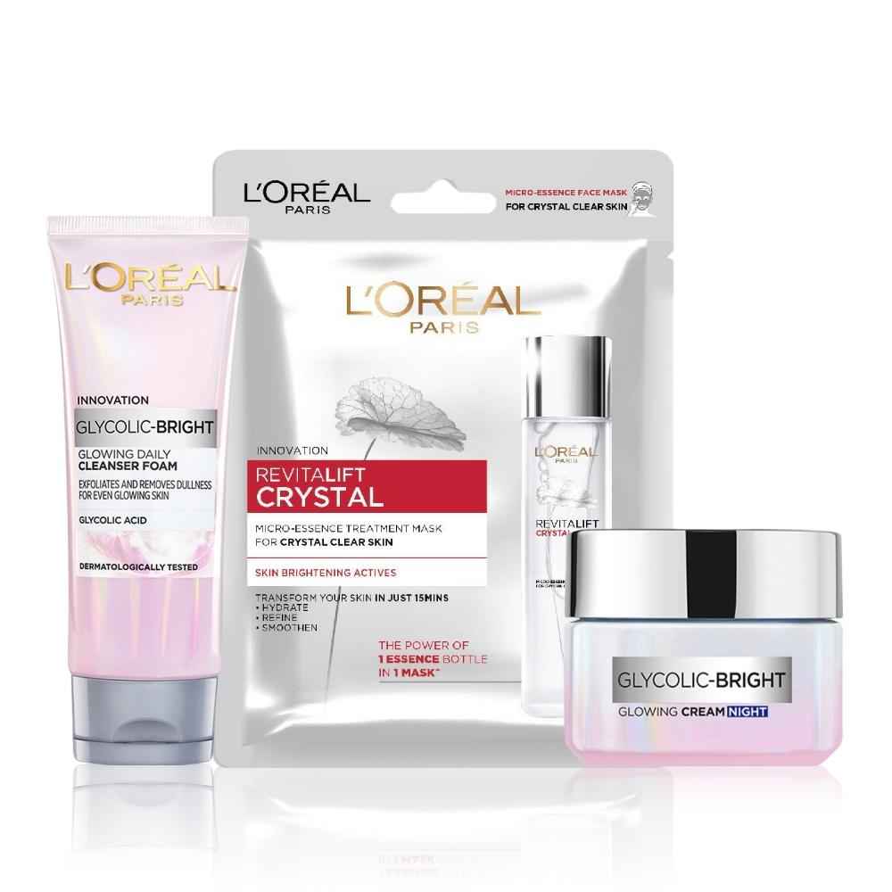 Buy L'oreal Paris Morning Glow Kit 1 (Gycolic Acid Cleanser Foam (100 ml) + Revitalift Sheet Mask (25 gm) + Glycolic Acid Day Cream With SPF 17 (15 ml) - Purplle