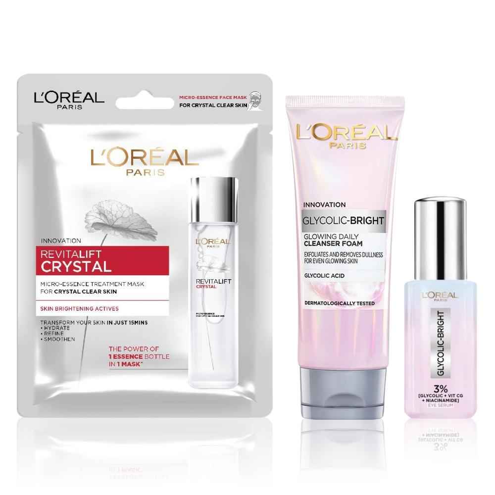 Buy L'oreal Paris Glowing Skin Kit 1 ( Glycolic Acid Cleanser Foam (100 ml) + 3% Glycolic Acid + VIT CG + NIACINAMIDE - Dark Circle Eye Serum (20 ml) + Revatalift Crystal Sheet Mask (25 gm)) - Purplle