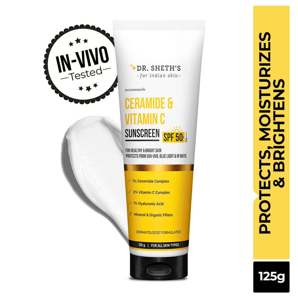 Buy Dr. Sheth's Ceramide & Vitamin C Sunscreen SPF 50+ PA++++ |In-Vivo Tested | For Healthy & Bright Skin | Lightweight & Non Greasy | For UVA/UVB & Blue Light & IR Protection | No white cast | For All Skin Types | For Men & Women | 125 gm - Purplle