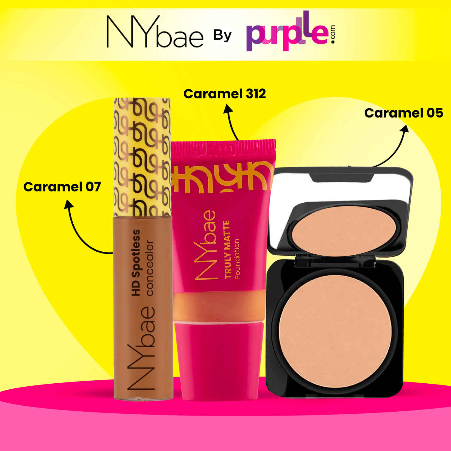Buy NY Bae Perfect Base Combo (Deep Skin) | Spotless Concealer - Caramel 07 | SPF 50 Matte Foundation Caramel 312| Compact Powder - Caramel 05 | Long Lasting | Creaseless Makeup Kit Combo of 3 - Purplle