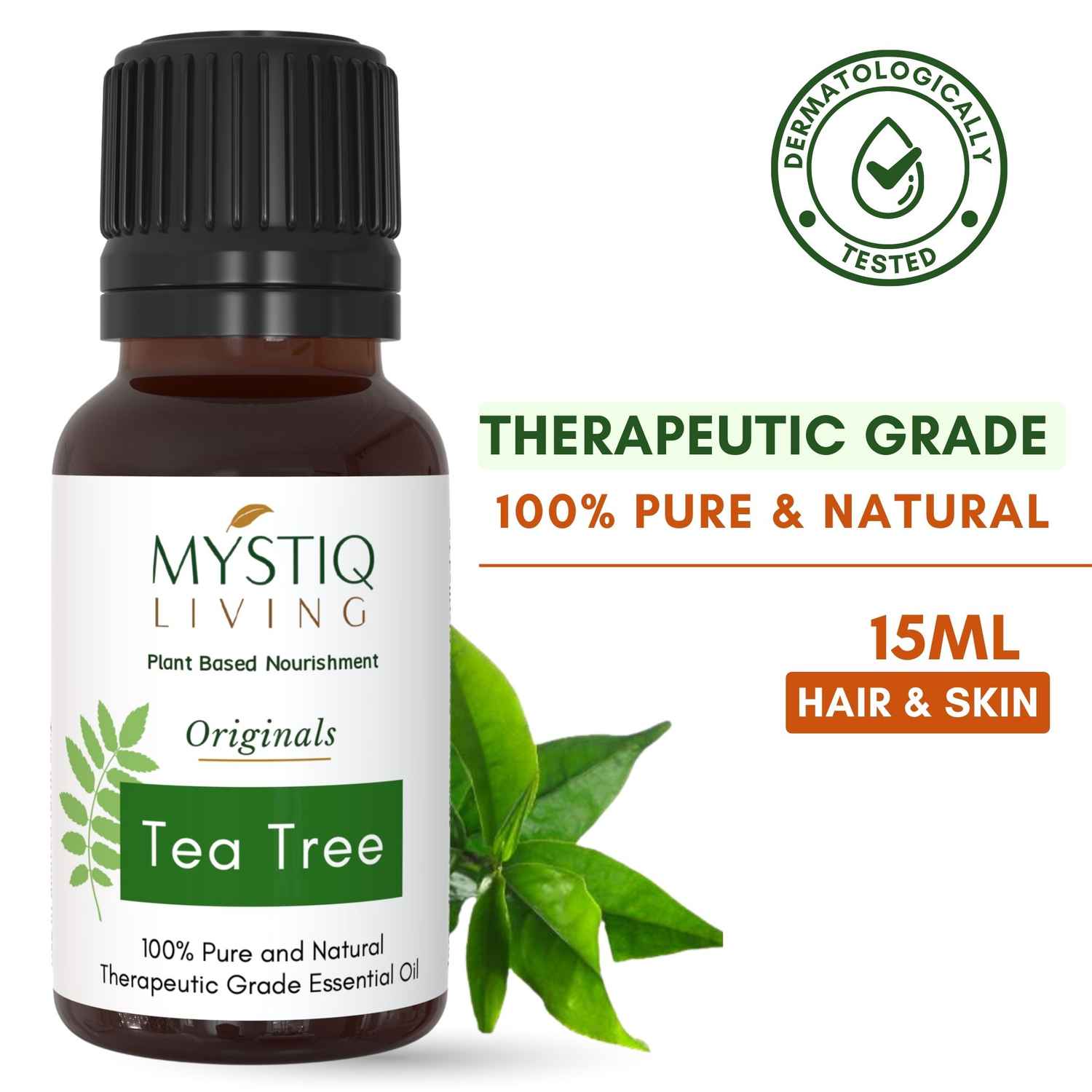 Buy Mystiq Living Tea Tree Essential Oil (15 ML) For Skin & Hair, Pure Australian Tea Tree Oil For Hair, Scalp, Face Care, Acne & Pimples, 100% Pure, Natural & Undiluted Essential Oil - Purplle