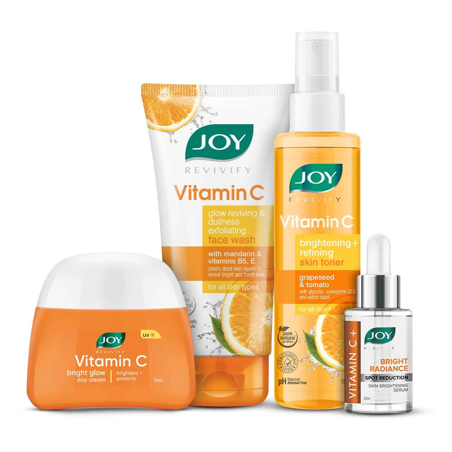 Buy Joy Revivify Vitamin C Face Wash 150ml | Joy Revivify Vitamin C Face Toner 150ml | Joy Revivify Vitamin C Face Serum 50ml | Joy Revivify Vitamin C and Carrot Seed Brightening Face Cream 50ml ( Combo Pack ) - Purplle