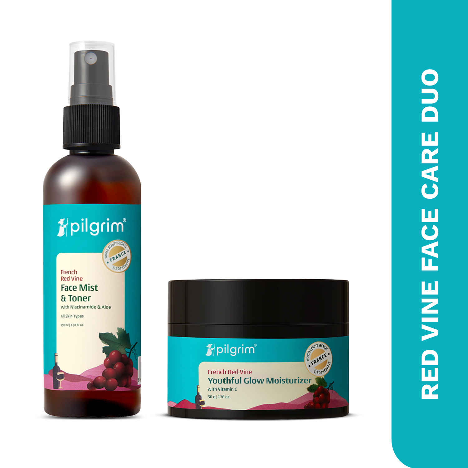 Buy Pilgrim Red Vine Face Care Duo – Toner (100 ml) + Face Cream with SPF 30 (50 gm) | Hydrates, Tones & Protects | Anti-Ageing & Glow Boosting | Daily Skincare Kit | For Men & Women, Combo of 2 - Purplle
