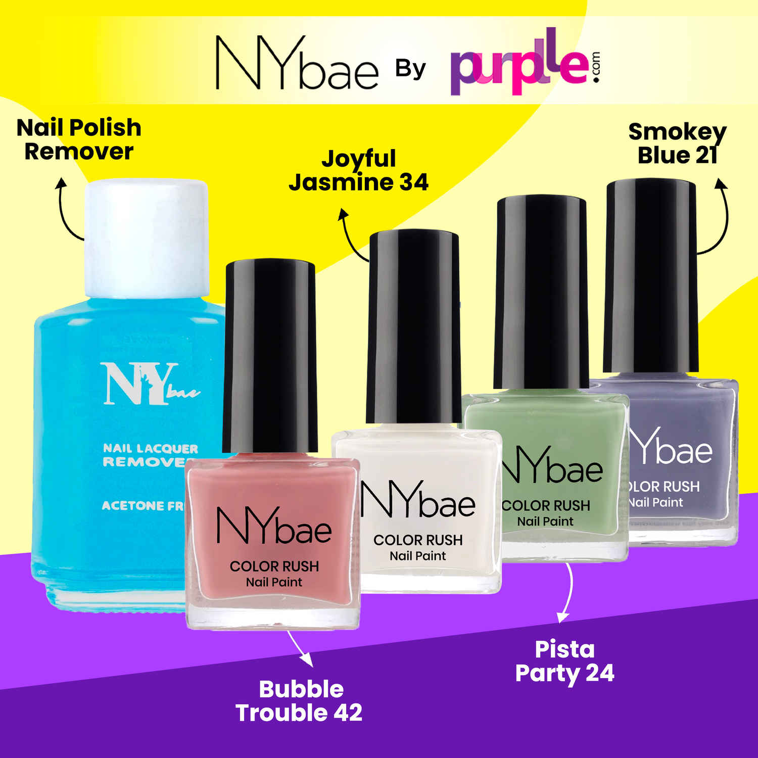 Buy NY Bae Color Rush Nail Paint Set - Pretty Pastels 08| Chip Resistant | Long Lasting | Quick Dry | Glossy Gel Nail Paint Combo (5 ml*4) + Nail Polish Remover (30 ml) - Purplle