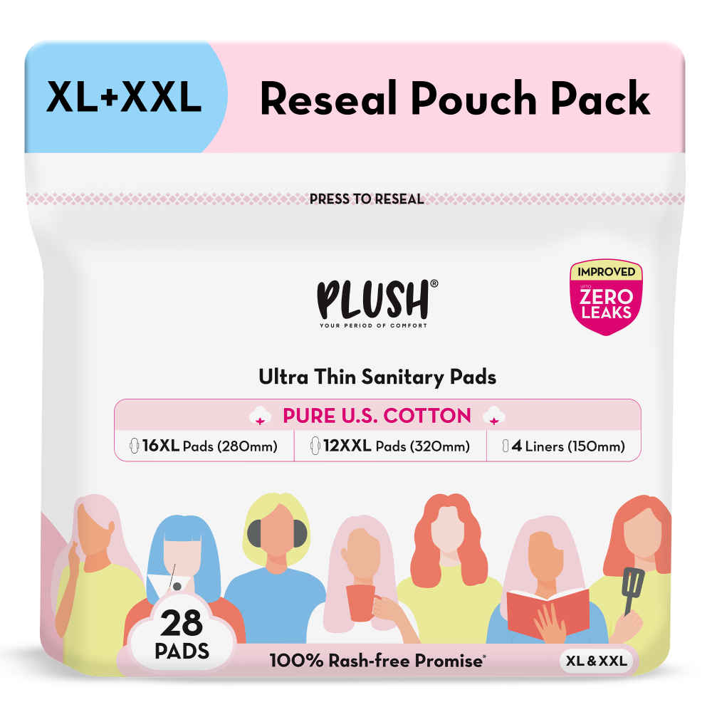 Buy Plush Ultra-Thin Sanitary Pads For Women, 28 Cotton Sanitary Napkins | 12 Heavy Flow XXL pads + 16 Medium Flow XL pads + 4 Panty Liners For Rash Free Periods | Pure U.S. Cotton Pads With Re-sealable Pouch - Purplle