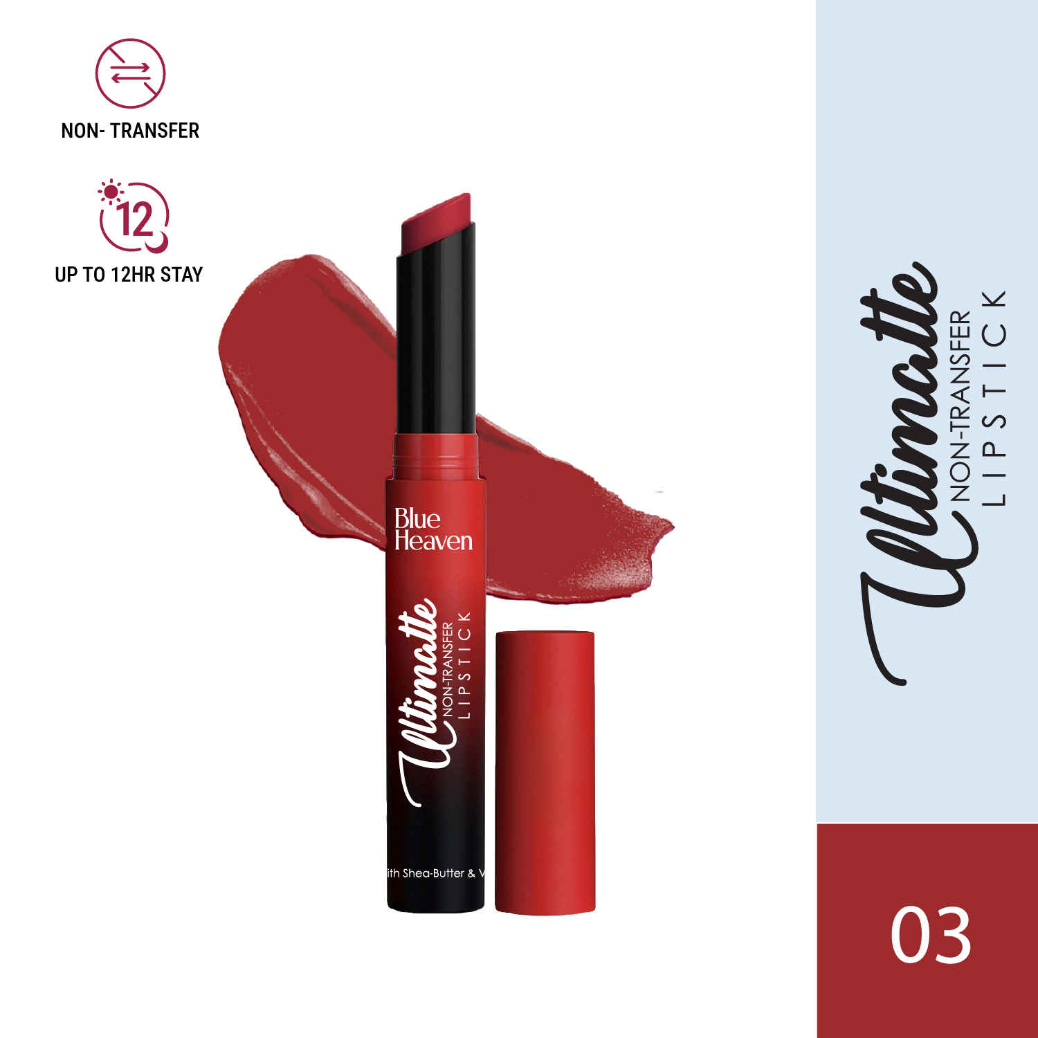 Buy Blue Heaven Ultimatte Non-Transfer Lipstick for women Enriched with Shea Butter & Vitamin E, Matte Finish, Smudge Proof & Waterproof Long Lasting Lipstick Upto 12Hrs, 03| 2.2 gm - Purplle