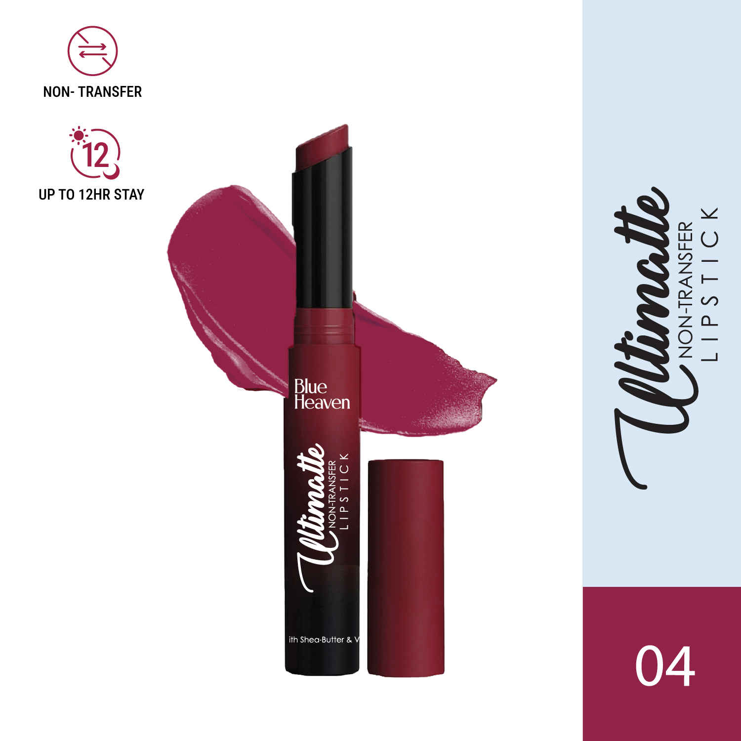 Buy Blue Heaven Ultimatte Non-Transfer Lipstick for women Enriched with Shea Butter & Vitamin E, Matte Finish, Smudge Proof & Waterproof Long Lasting Lipstick Upto 12Hrs, 04 | 2.2 gm - Purplle