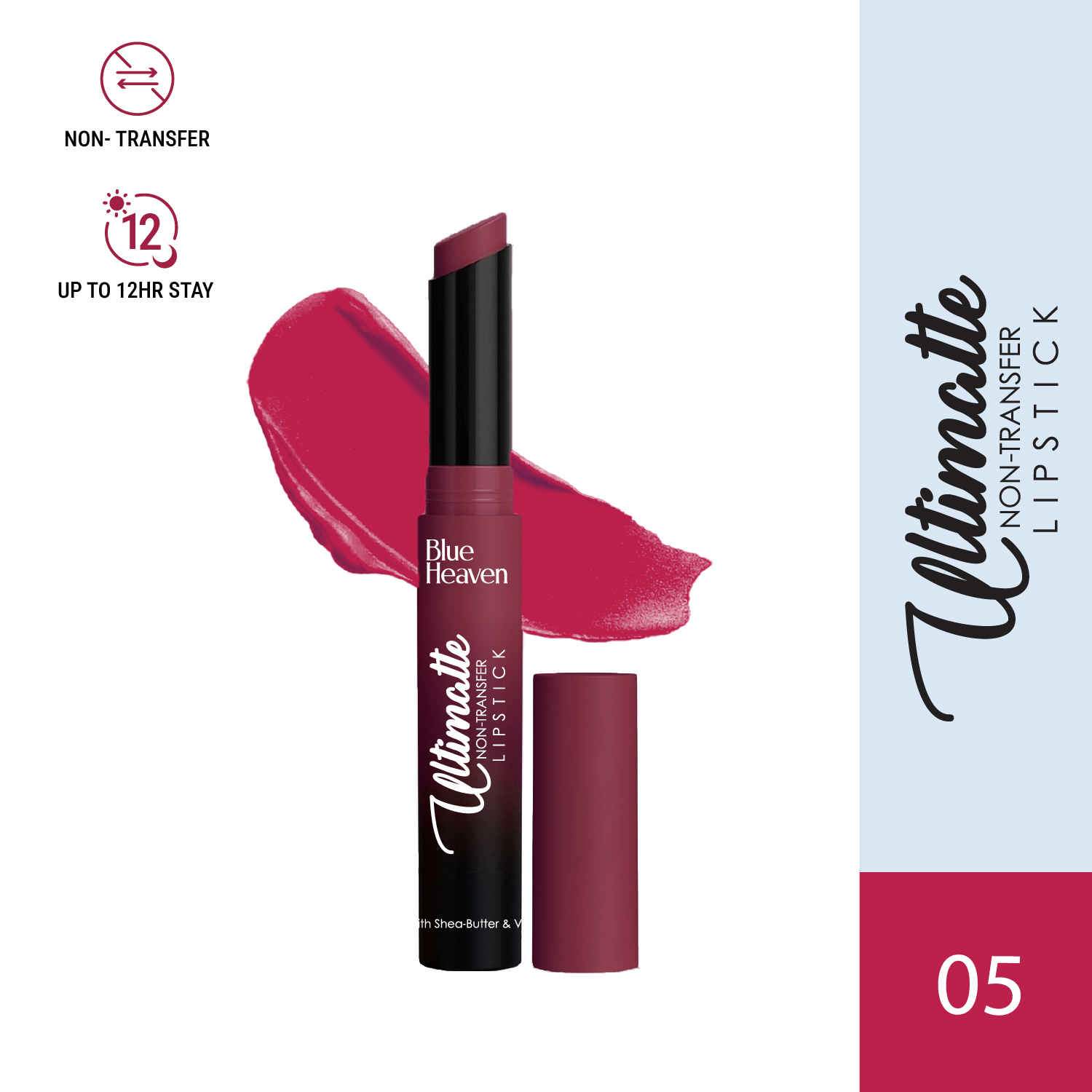 Buy Blue Heaven Ultimatte Non-Transfer Lipstick for women Enriched with Shea Butter & Vitamin E, Matte Finish, Smudge Proof & Waterproof Long Lasting Lipstick Upto 12Hrs, 05 | 2.2 gm - Purplle