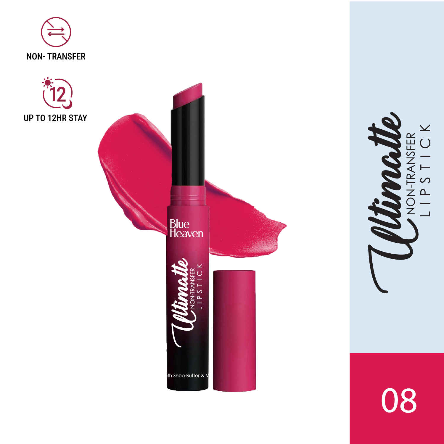 Buy Blue Heaven Ultimatte Non-Transfer Lipstick for women Enriched with Shea Butter & Vitamin E, Matte Finish, Smudge Proof & Waterproof Long Lasting Lipstick Upto 12Hrs, 08 |2.2 gm - Purplle