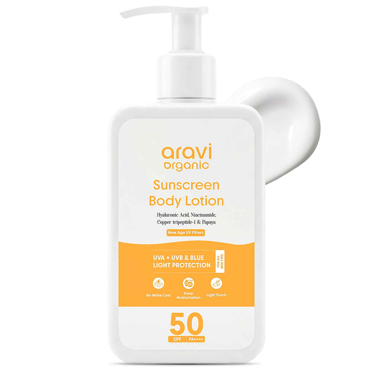 Buy Aravi Organic Oil-Free SPF 50 Sunscreen Body Lotion | Lightweight, No White Cast | PA+++ UVA-UVB Protection | Enriched with Niacinamide & Vitamin E | Hydrating & Skin Repair | For All Skin Types – 200 ml - Purplle