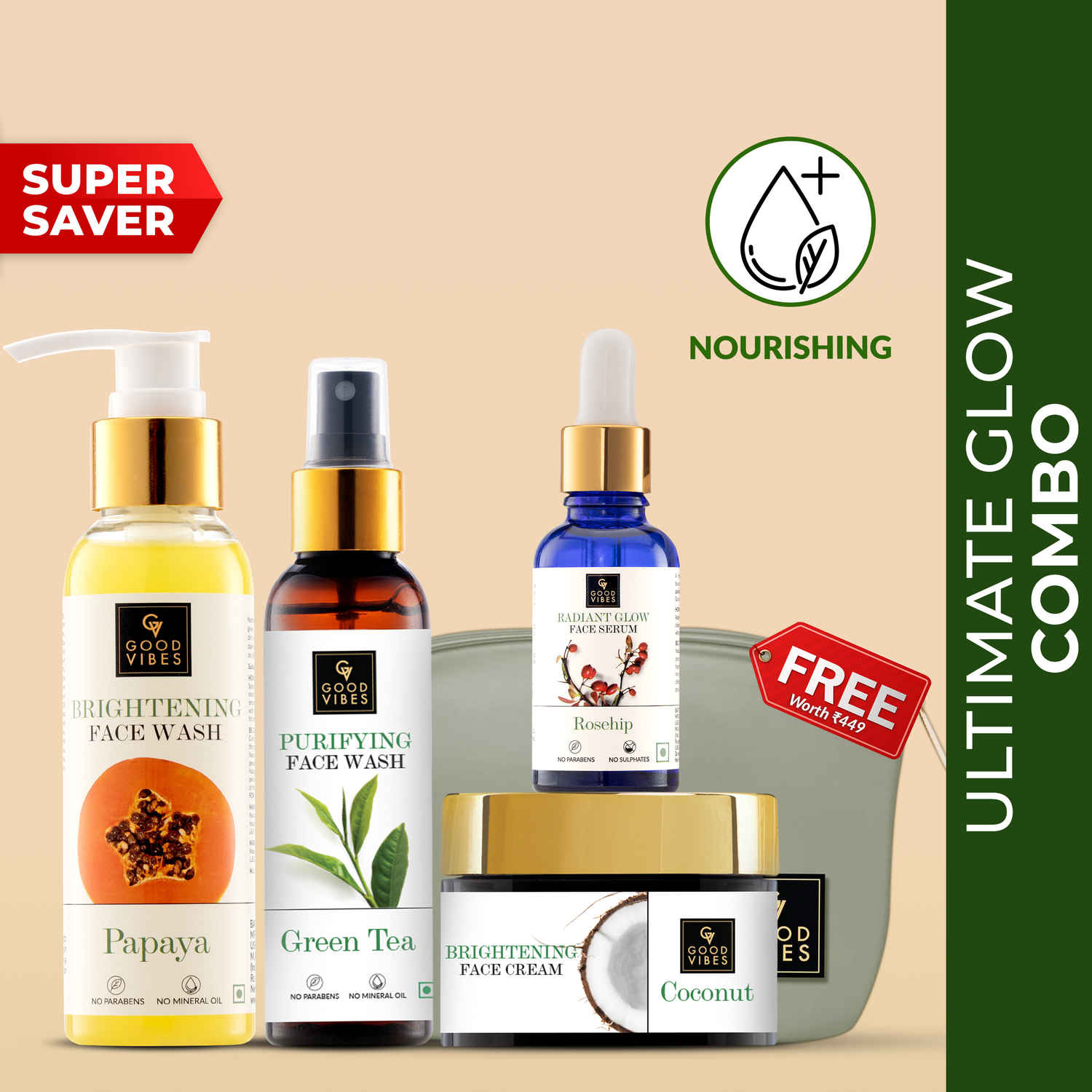 Buy Good Vibes Ultimate Glow Combo Kit (Papaya Face Wash (120ml), Rosehip Serum (10ml), Green Tea Toner (120ml), Coconut Cream (50g) with free pouch - Purplle