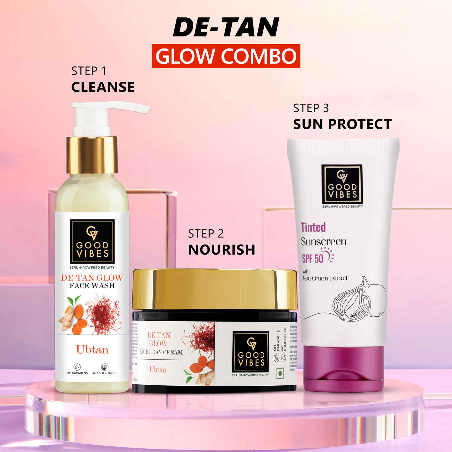 Buy Good Vibes De- Tan Radiant Glow Combo | Facewash + Moisturizer + Sunscreen. Combo of 3 - Purplle