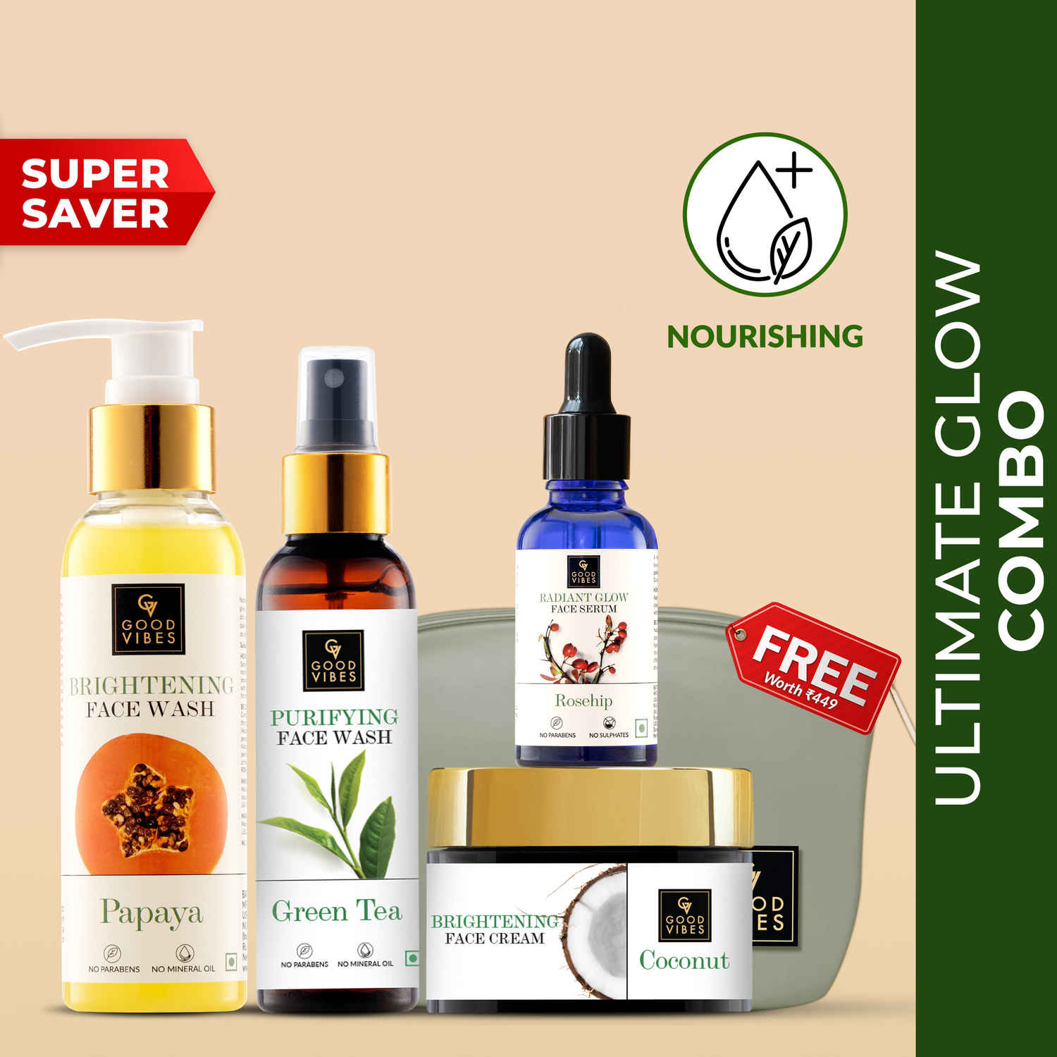 Buy Good Vibes Ultimate Glow Combo Kit (Papaya Face Wash (120ml), Rosehip Serum (10ml), Green Tea Toner (120ml), Coconut Cream (50g) with free pouch - Purplle