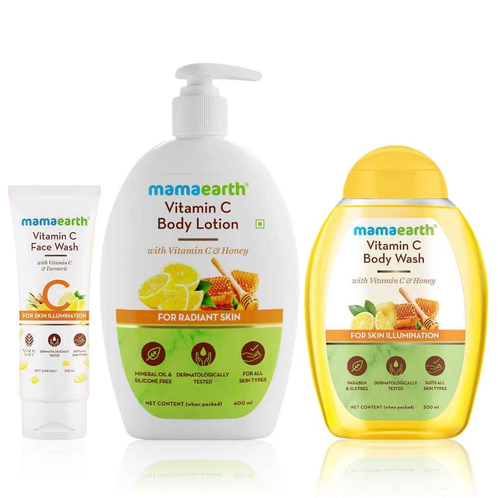 Buy Mamaearth Fresh Essentials Combo (Vitamin C Body Wash-300 ml + Vitamin C Body Lotion-400 ml + Vitamin C Face Wash-100 ml) - Purplle